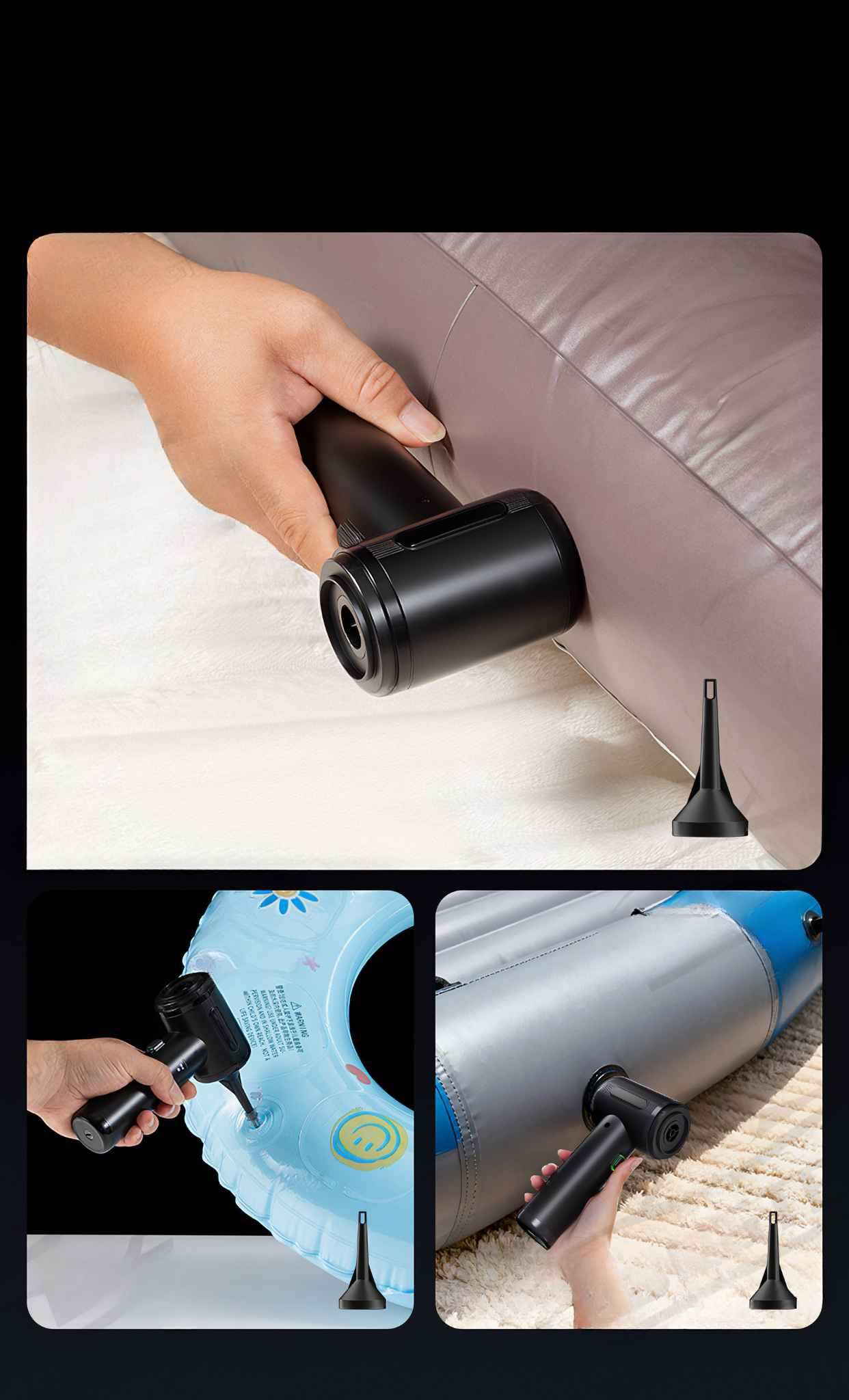 Eine Hand hält eine schwarze Pumpe, die eine lila Oberfläche aufbläst. Unten werden ein blauer aufblasbarer Ring und eine silberne Luftmatratze aufgepumpt.