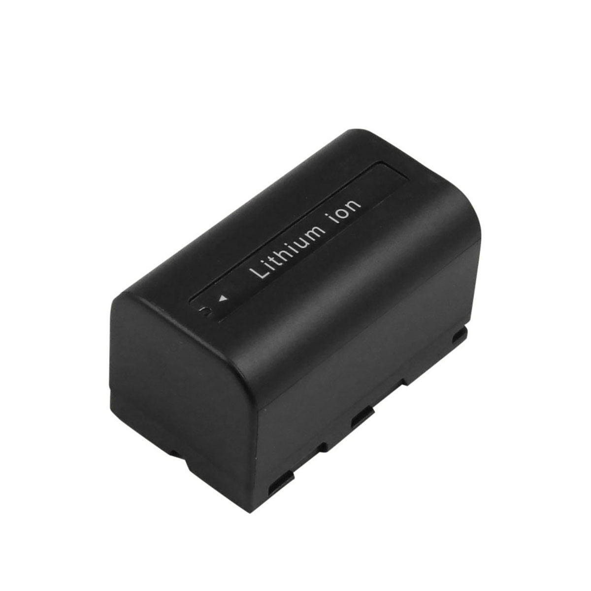Una batteria nera rettangolare agli ioni di litio. Il testo "Lithium ion" è stampato sulla parte superiore. La batteria è su sfondo bianco.