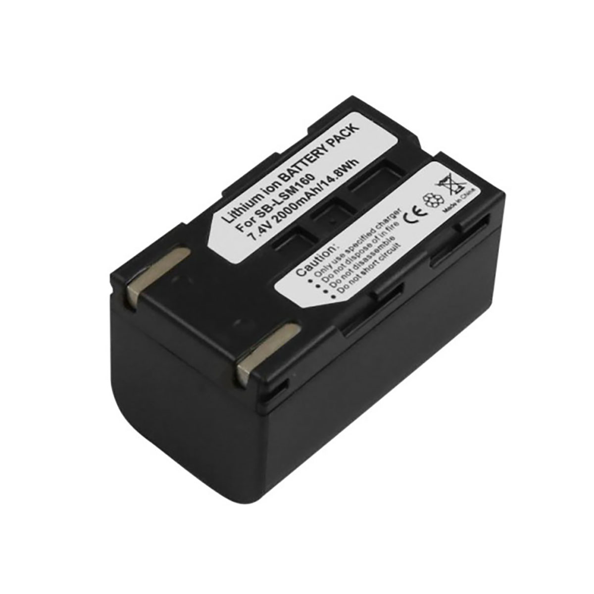 Una batteria nera rettangolare con un'etichetta bianca che dice Lithium ion BATTERY PACK. Include avvertenze e specifiche.