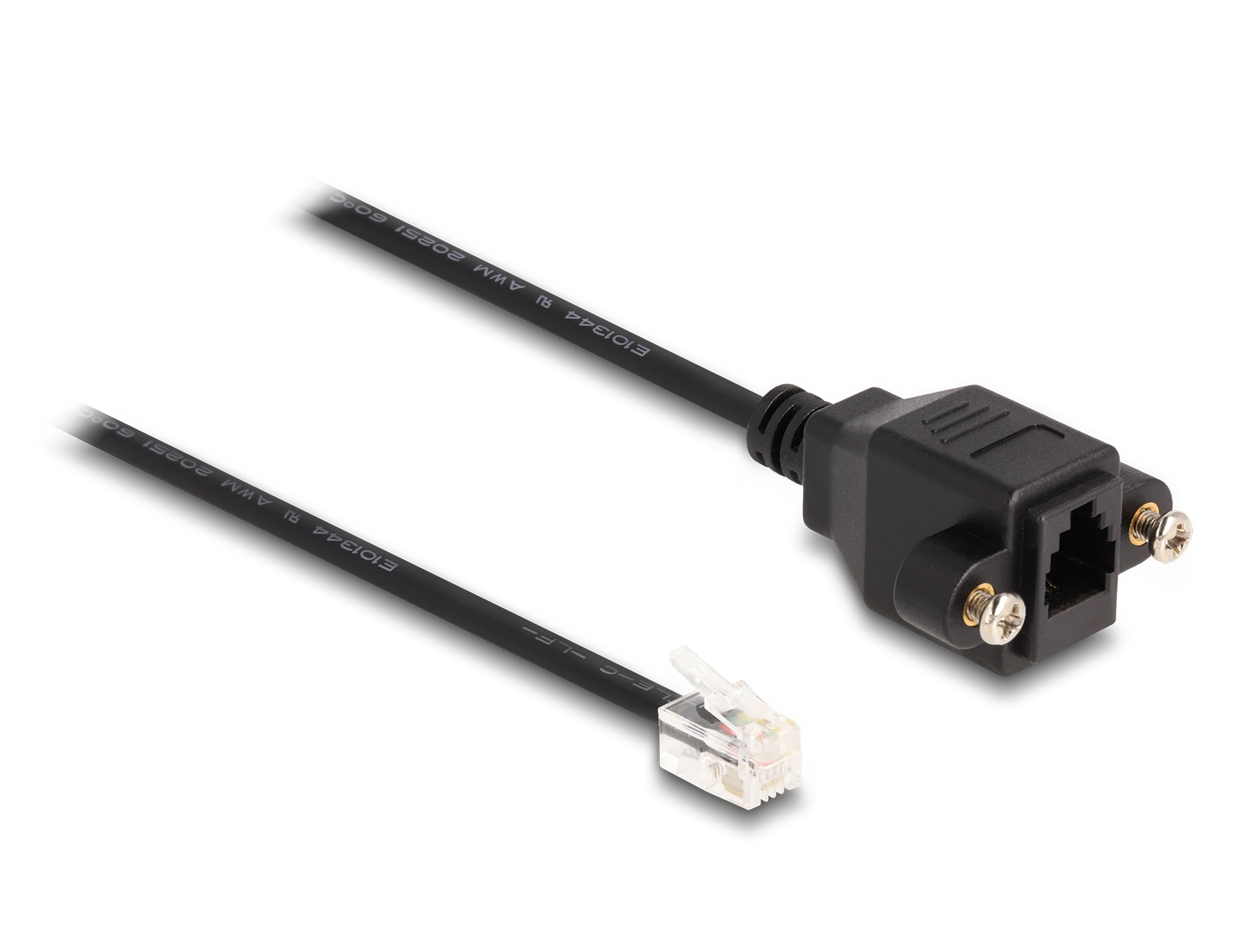 Un cavo di rete nero con connettore RJ45 e connettore RJ11 trasparente è su una superficie bianca.