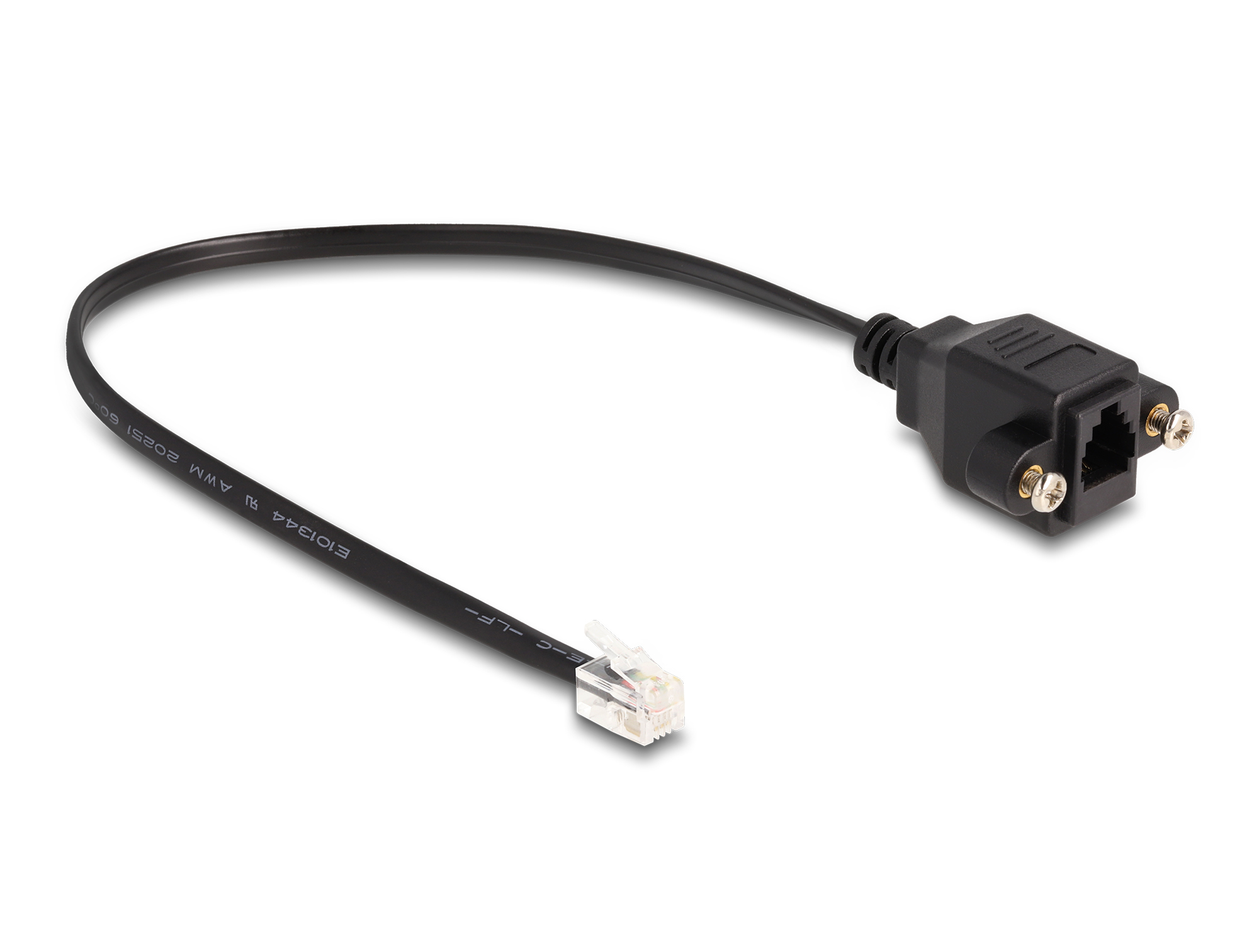 Cavo nero RJ45 a RJ11. Il cavo ha due connettori: RJ45 e RJ11. Il connettore RJ45 è nero e ha fori per le viti.