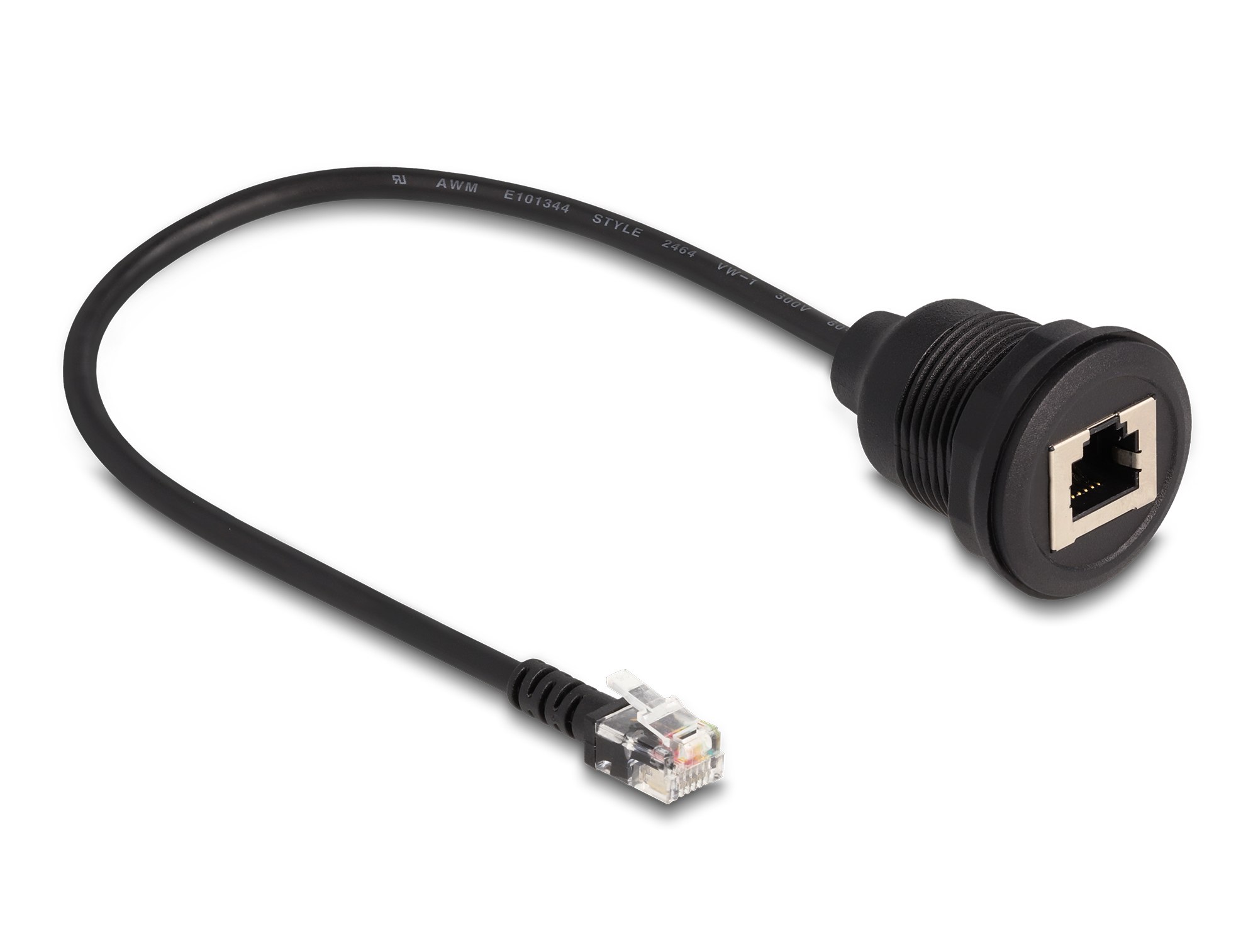 Un cavo di rete nero con un connettore RJ45 e un connettore per montaggio a pannello. I connettori sono a ciascuna estremità, su sfondo bianco.