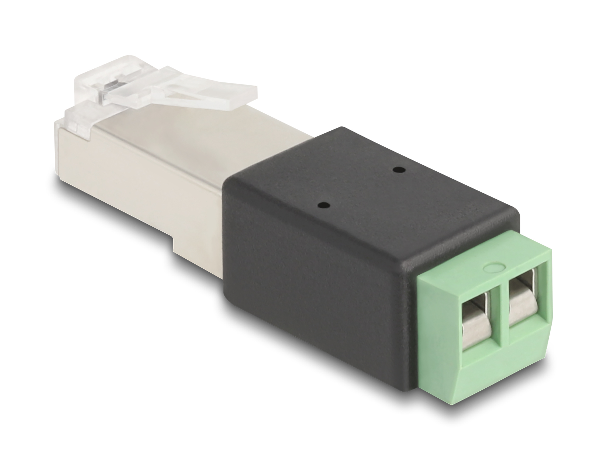 Un conector RJ45 con una regleta de terminales negra y verde. El conector está sobre un fondo blanco.