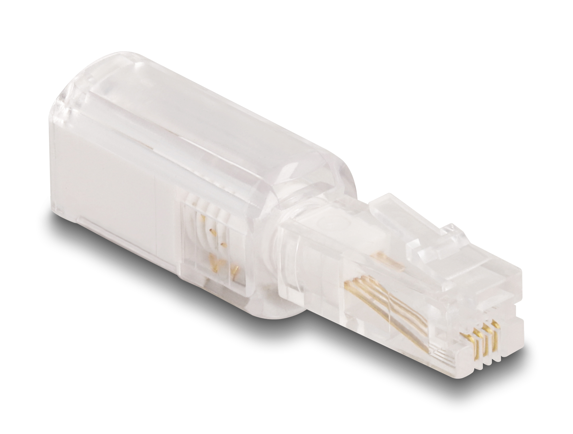 Un connettore RJ45 in plastica trasparente. Ha un guscio esterno trasparente, con pin dorati all'interno. Proietta un'ombra su sfondo bianco.