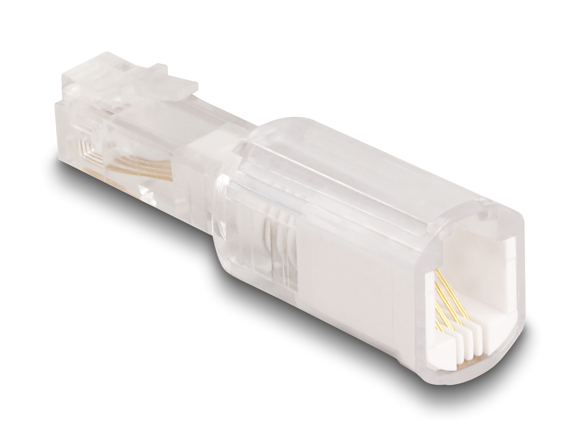 Un connettore RJ45 in plastica trasparente con pin dorati visibili. Si trova su uno sfondo bianco, proiettando un'ombra.
