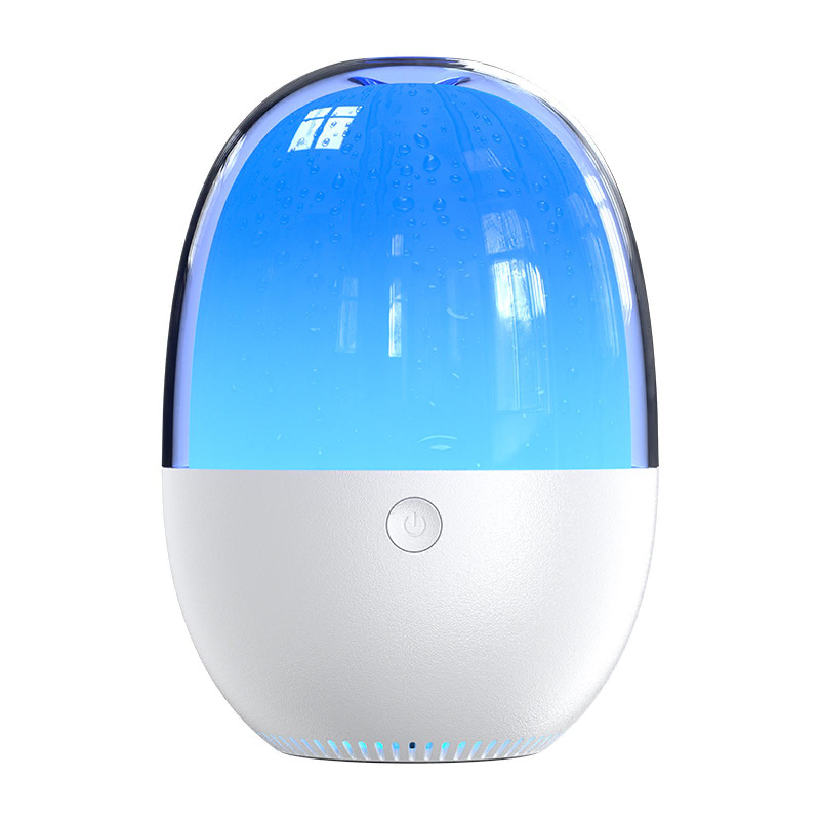 Ein weißer und blauer eiförmiger Luftbefeuchter mit einem Ein-/Ausschalter. Der obere Teil ist blau und hat Wassertropfen.