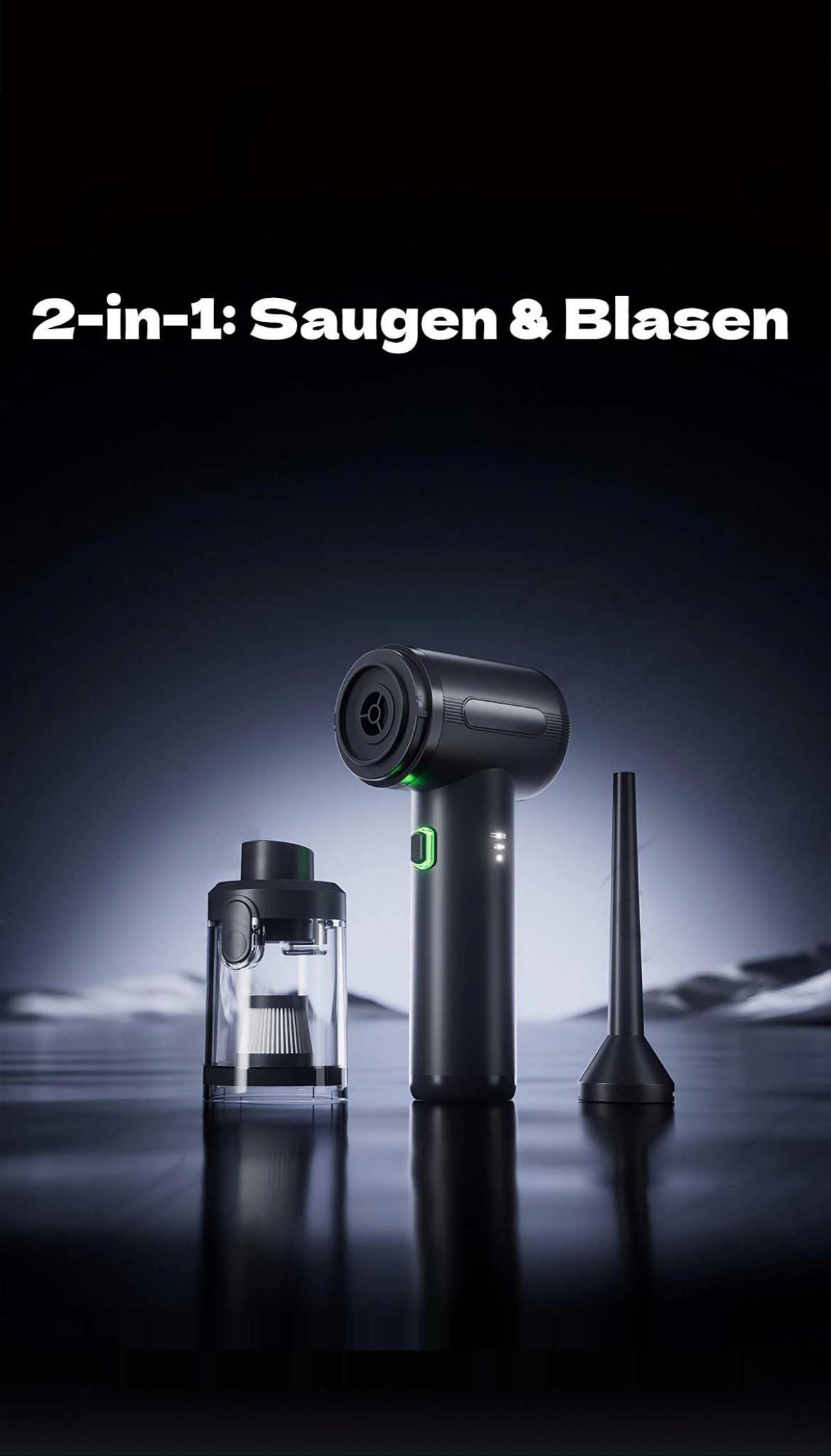 Ein schwarzer 2-in-1-Staubsauger und -Gebläse mit Aufsätzen und einem transparenten Behälter. Oben steht '2-in-1: Saugen & Blasen'.