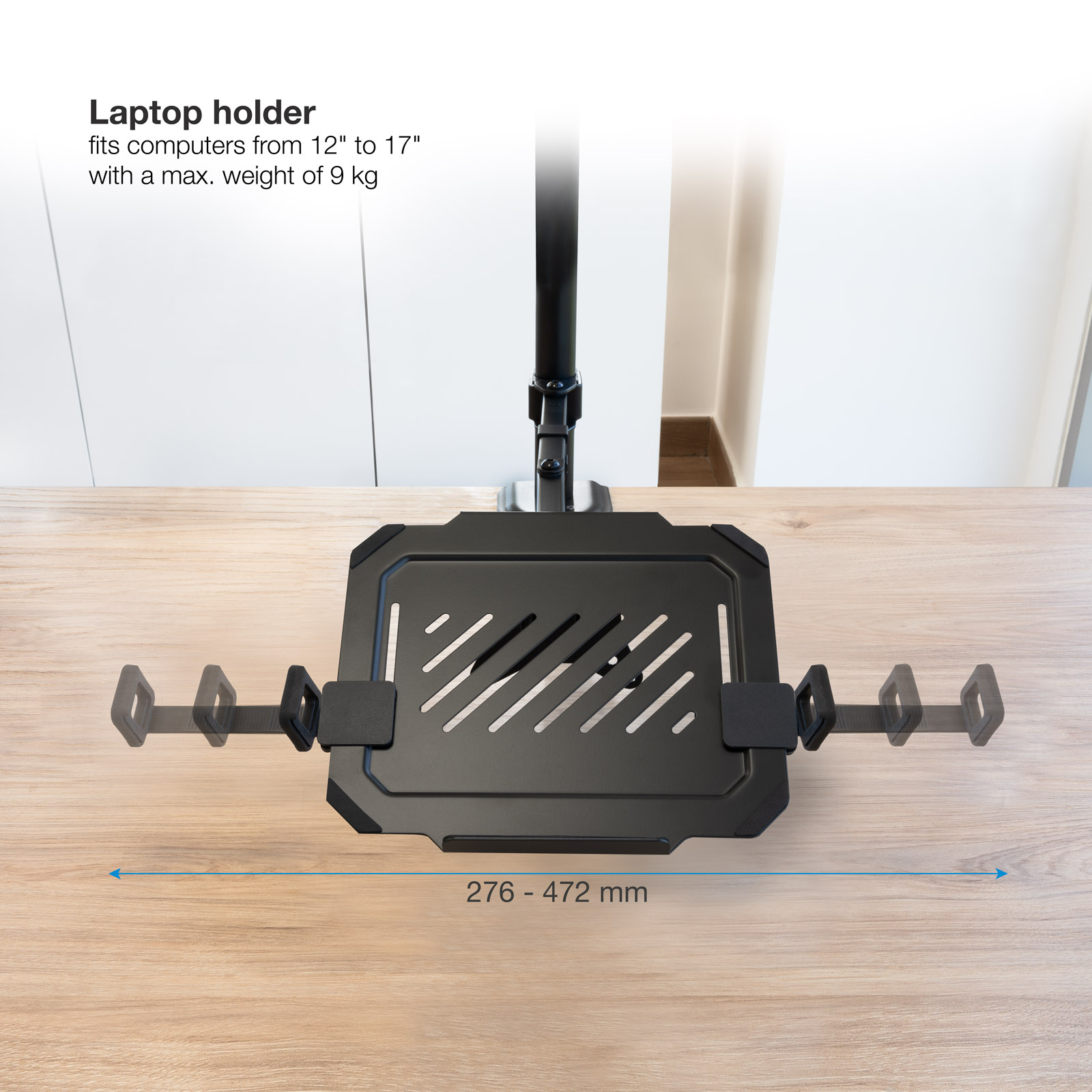 Schwarzer Laptop-Halter auf einem Holztisch. Es hat verstellbare Arme. Text: Laptop-Halter, für 12" bis 17" Computer.