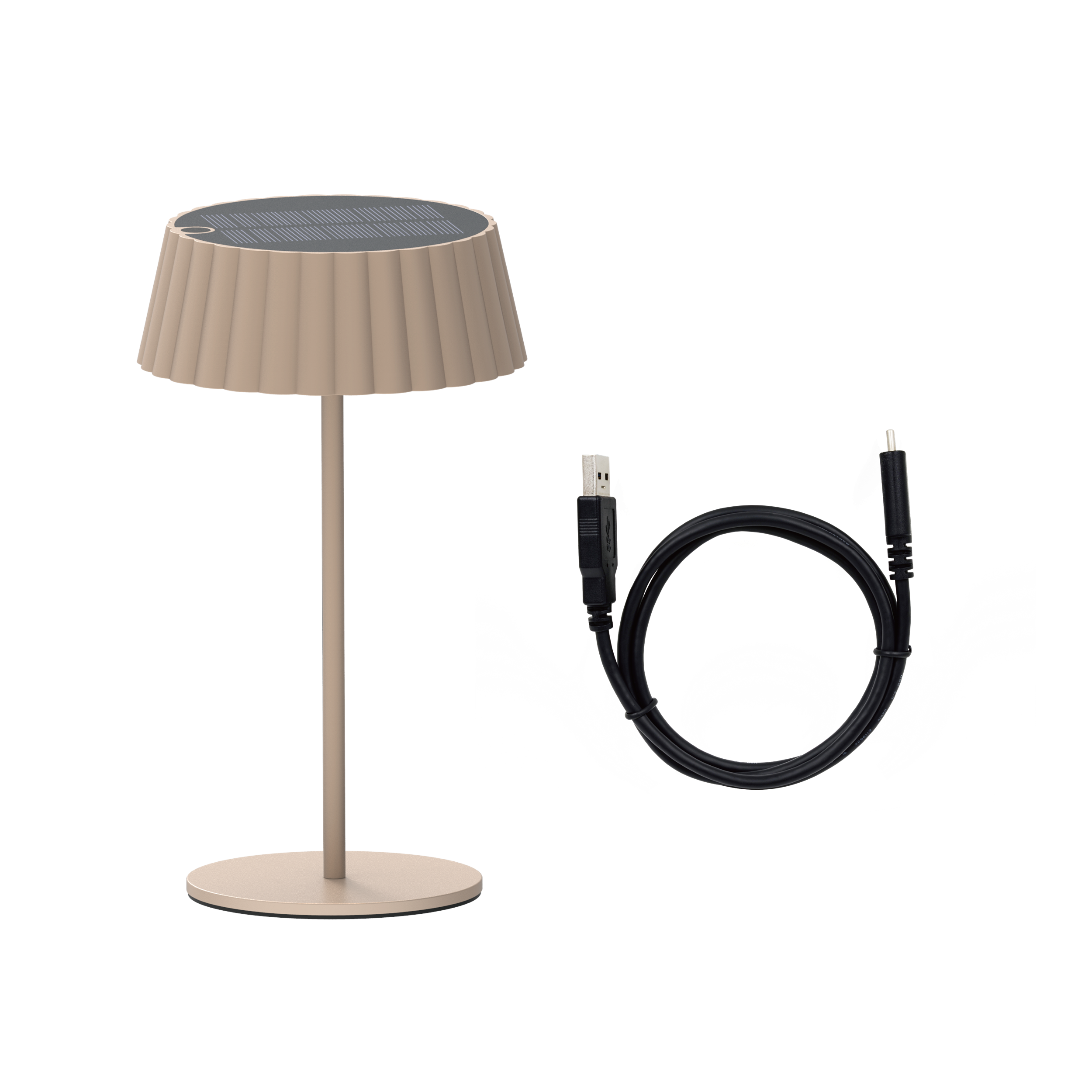 Eine beige Lampe mit plissiertem Schirm und ein schwarzes USB-Kabel auf schwarzem Hintergrund.