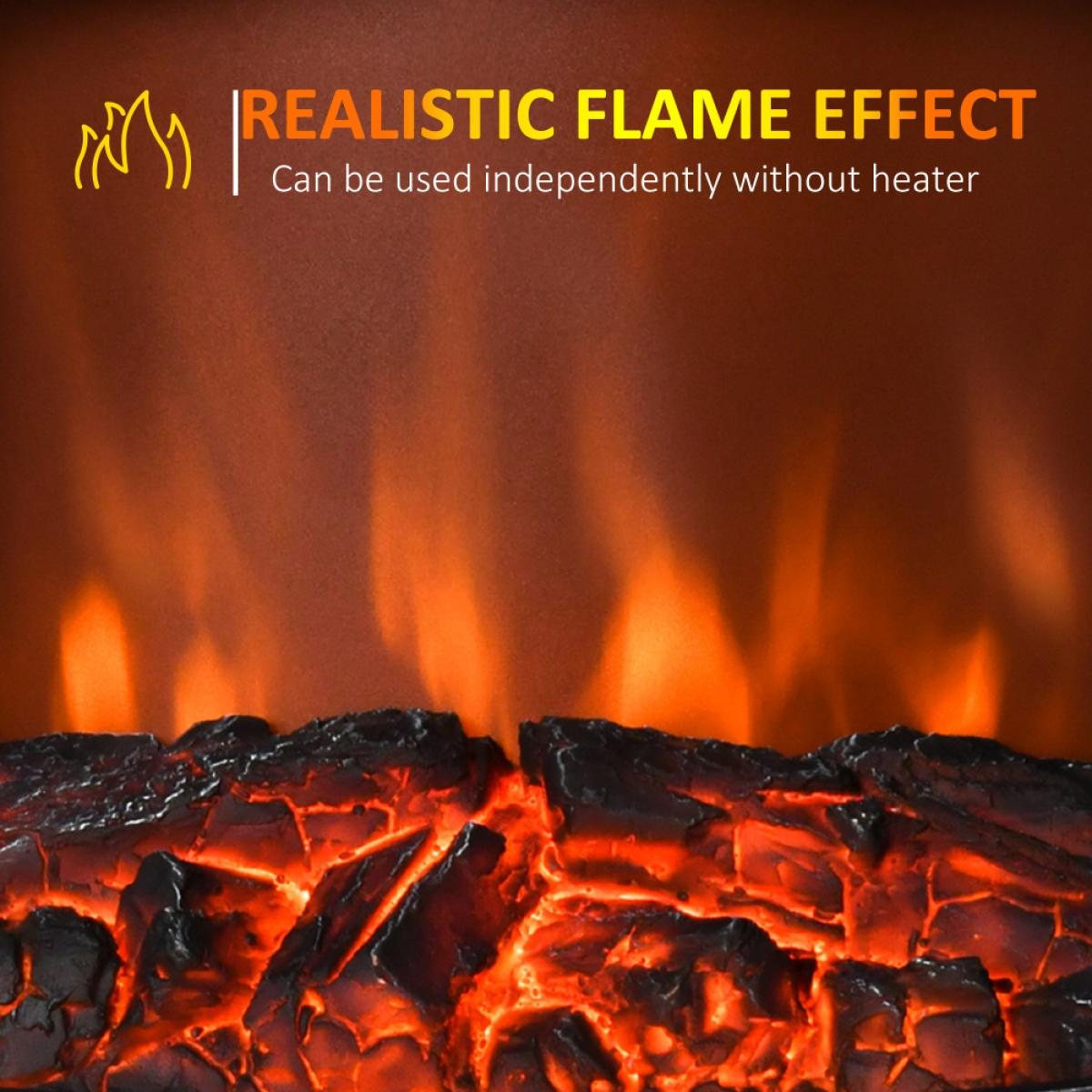 Realistischer Flammeneffekt mit glühenden Glutnestern am Boden. Flammen steigen auf. Text: Realistischer Flammeneffekt. Ohne Heizung verwendbar.