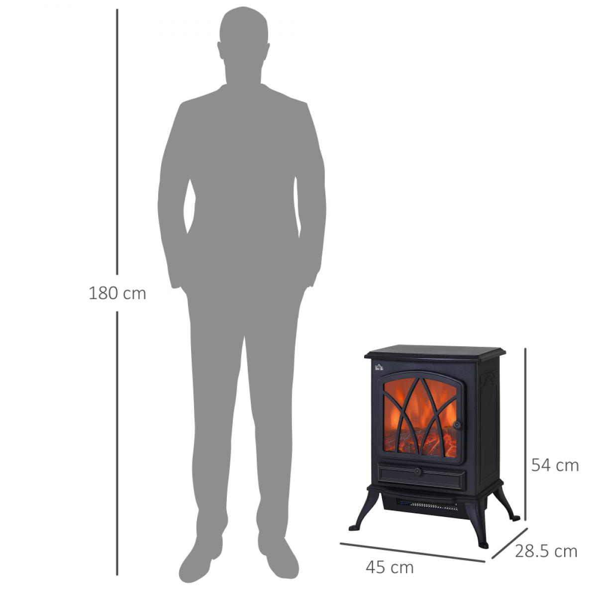 Eine Person steht neben einem schwarzen Elektro-Kamin. Abmessungen des Kamins sind angegeben. Eine Höhenreferenz von 180 cm ist ebenfalls angegeben.