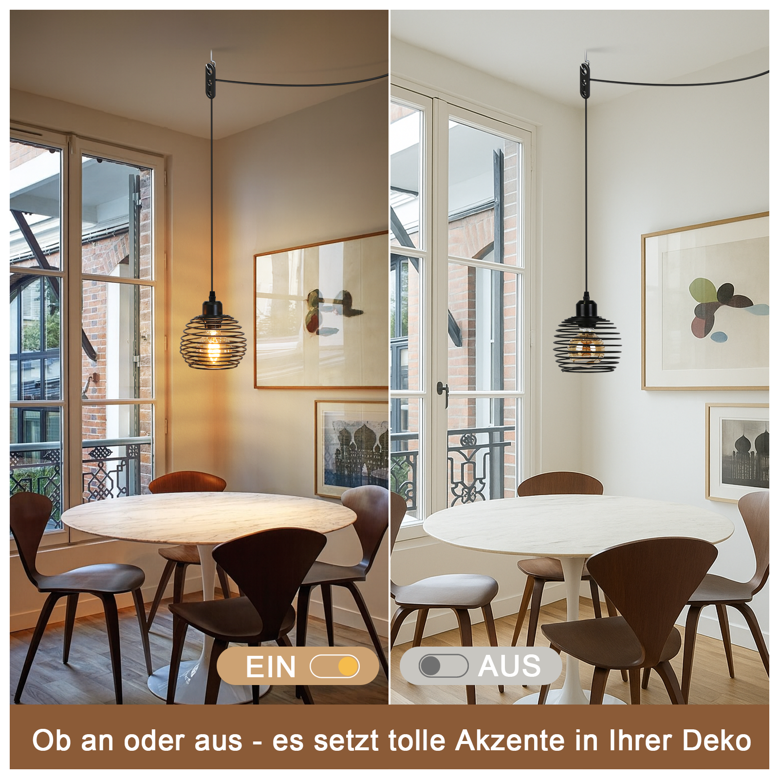 Dos imágenes: una lámpara colgante en un comedor. Una muestra la luz encendida, la otra apagada. Se ven una mesa redonda y sillas.