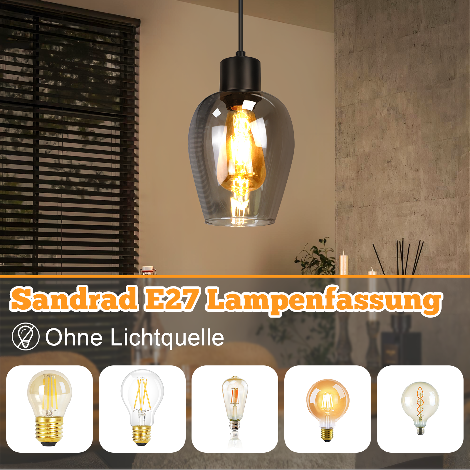 Eine Pendelleuchte mit Glasschirm und sichtbarer Glühbirne. Darunter werden verschiedene Leuchtmittelstile mit deutschem Text angezeigt.