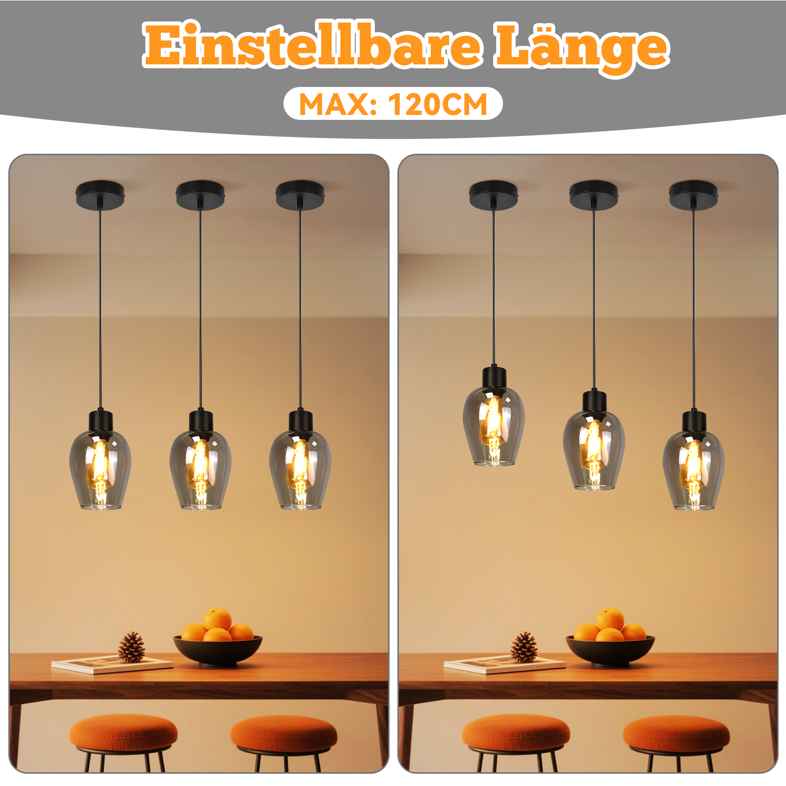 Drei Pendelleuchten mit Glasschirmen hängen über einem Tisch mit Obst und Hockern. Der Hintergrund ist beige.