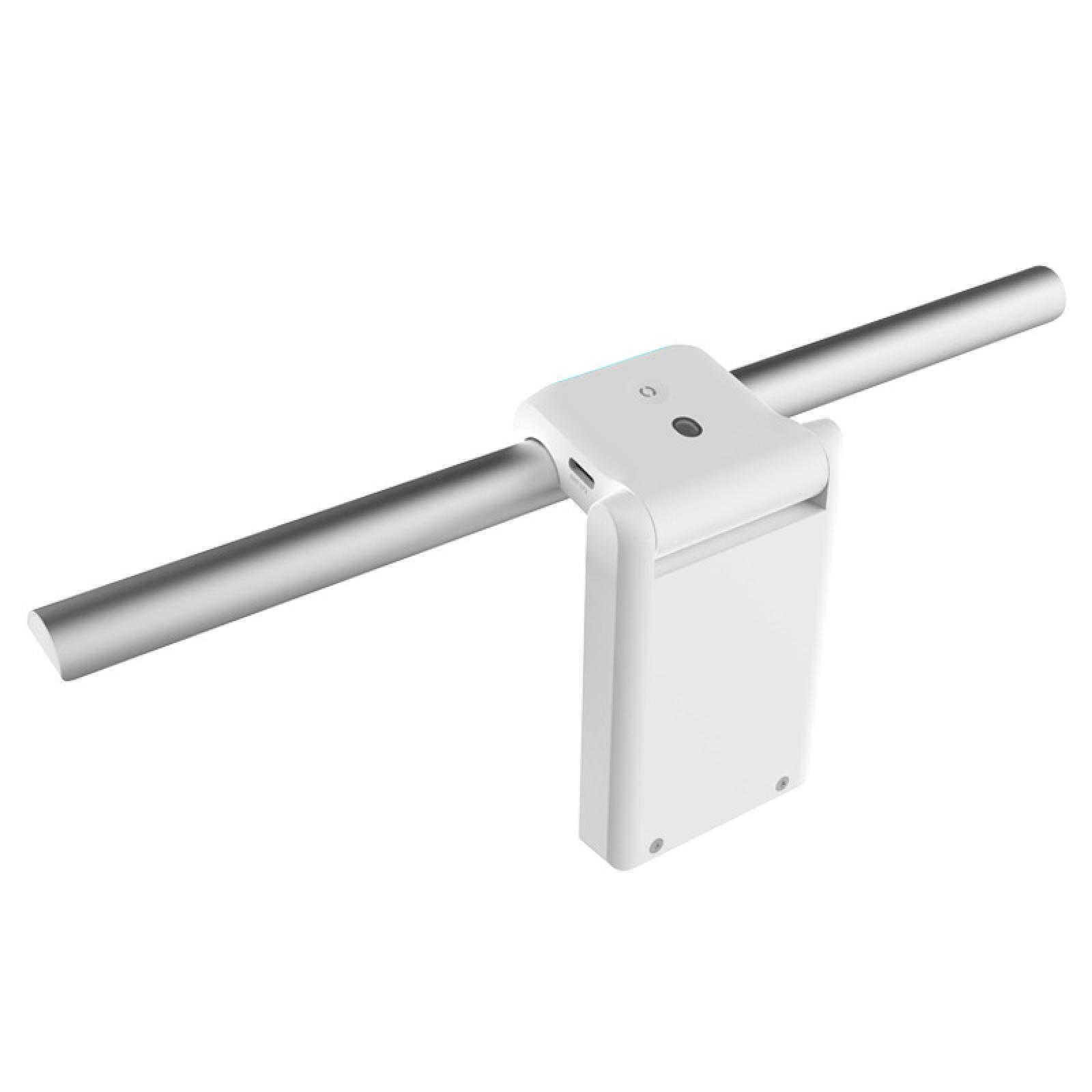 Ein weißes Gerät mit einer Stange auf jeder Seite. Das Gerät ist rechteckig, mit einer kleinen Taste und einem USB-Anschluss.