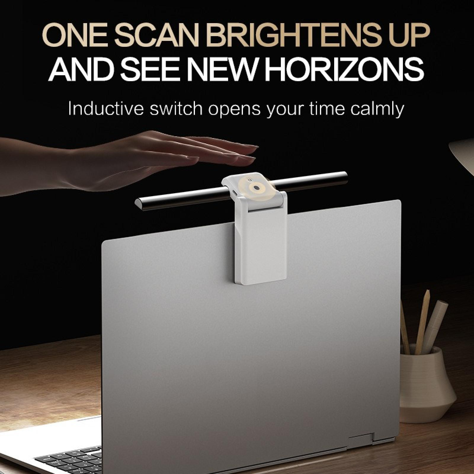 Eine Hand berührt eine Laptop-Lampe. Das Licht ist am Laptop befestigt. Der Text lautet: Ein Scan hellt auf.