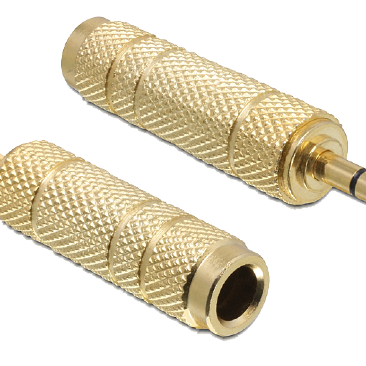 Two gold-colored audio adapters. Each adapter has a textured, cylindrical body and a connector. One has a jack inserted.