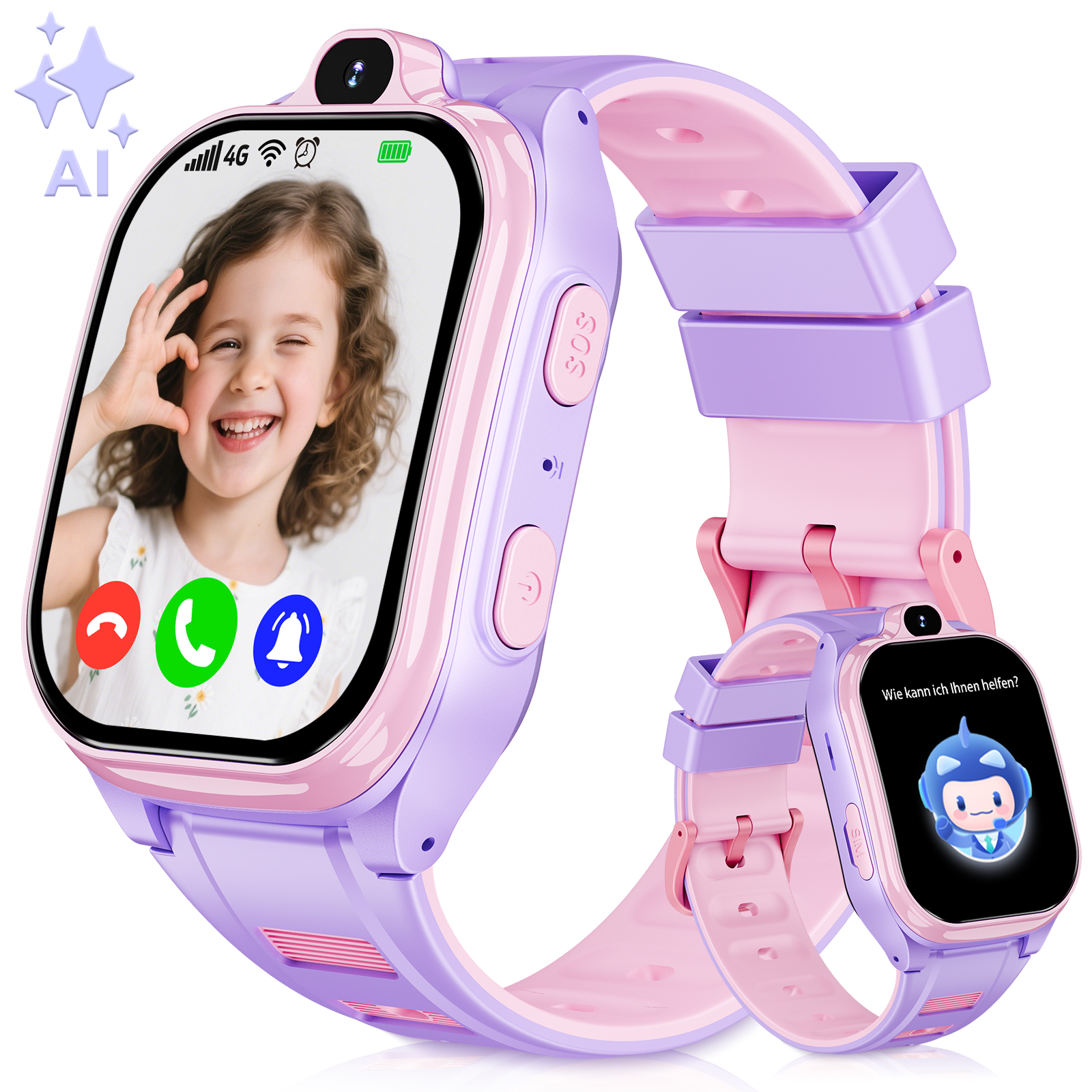 Eine rosa-violette Smartwatch zeigt das Gesicht eines Mädchens. Sie hat eine Kamera, KI und SOS-Funktionen. Der Bildschirm zeigt Anrufsymbole.