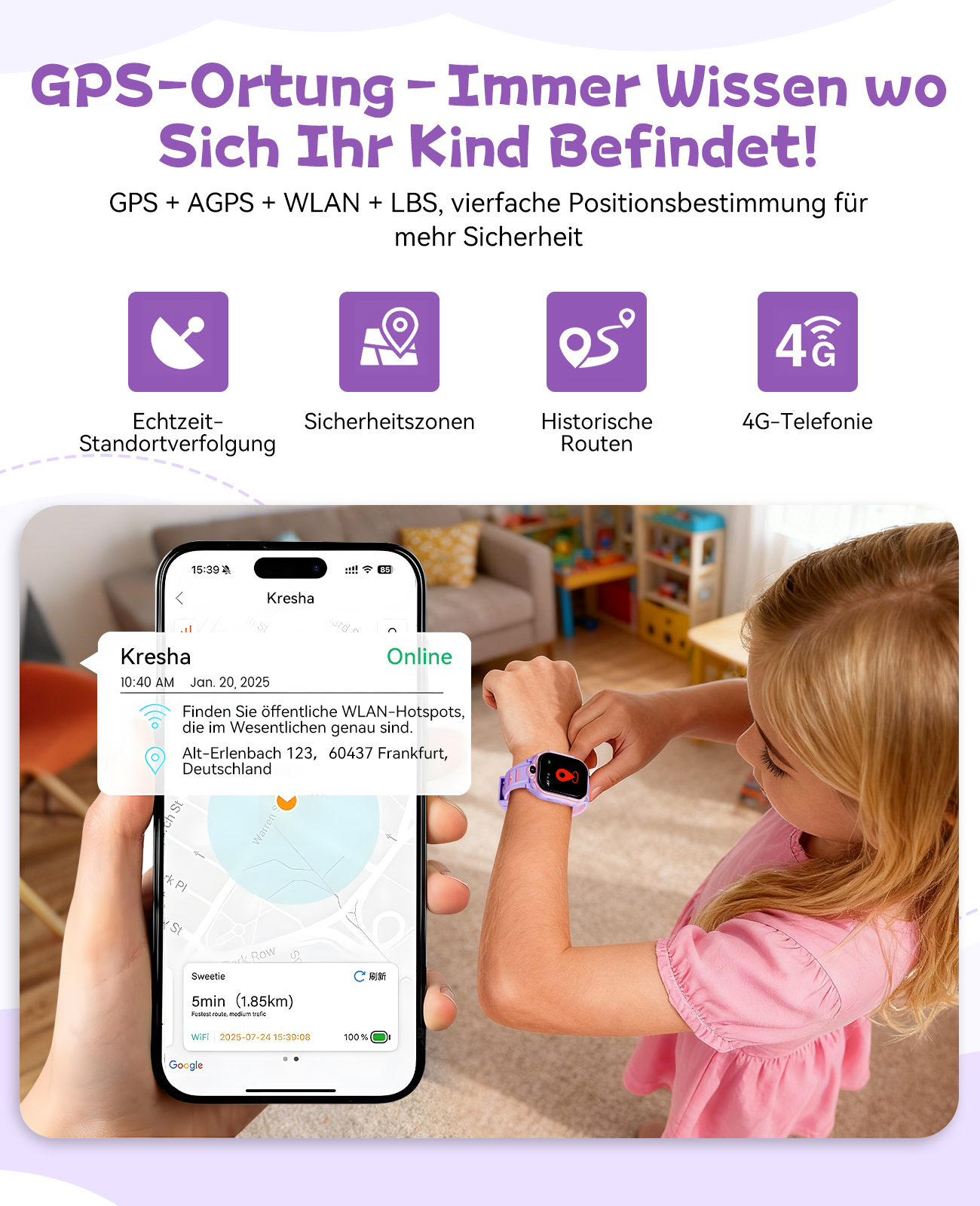 Ein Mädchen mit einer lila Smartwatch überprüft deren Display. Ein Telefon zeigt eine Karte mit Standortdaten. Text lautet 'GPS-Ortung'.