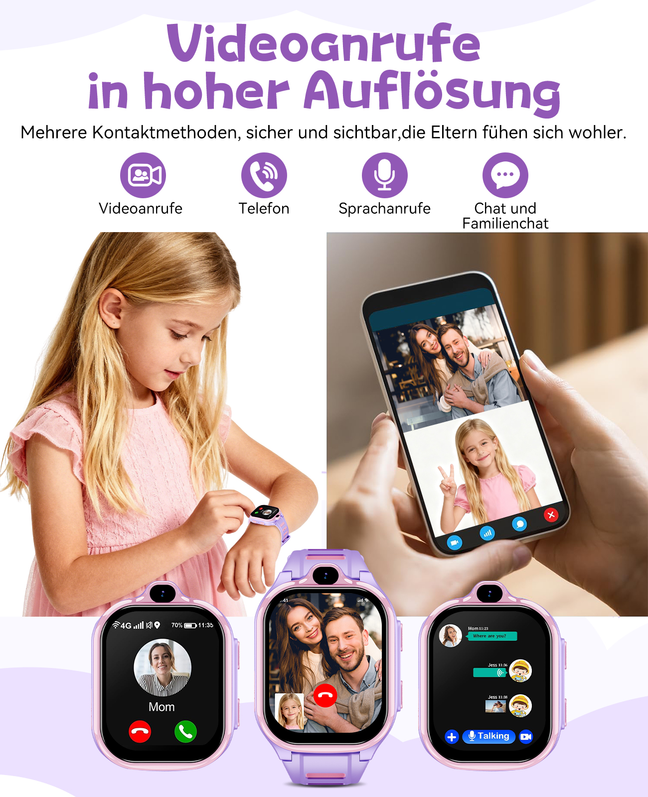 Ein Mädchen mit Smartwatch, die Videoanrufe zeigt. Ein Telefon und zwei Smartwatches zeigen Videoanrufe mit Familienmitgliedern.