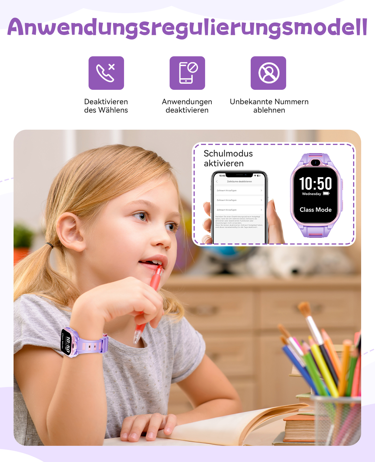 Ein Mädchen mit einer lila Smartwatch, das einen Stift hält und auf einen Telefonbildschirm blickt, der die Einstellungen zeigt.