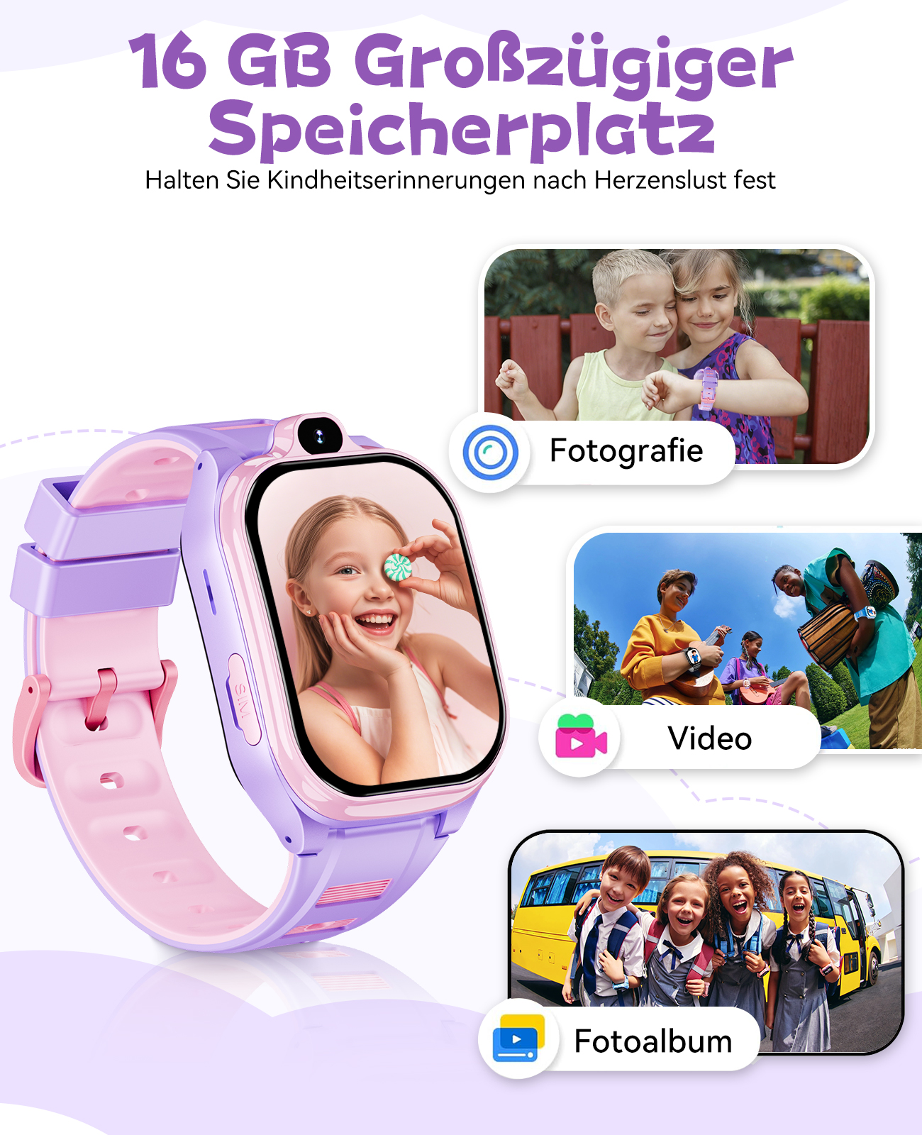 Eine lila und rosa Smartwatch mit Kinderfotos. Der Text lautet '16 GB Speicherplatz' und 'Fotoalbum', 'Video', 'Fotografie'.