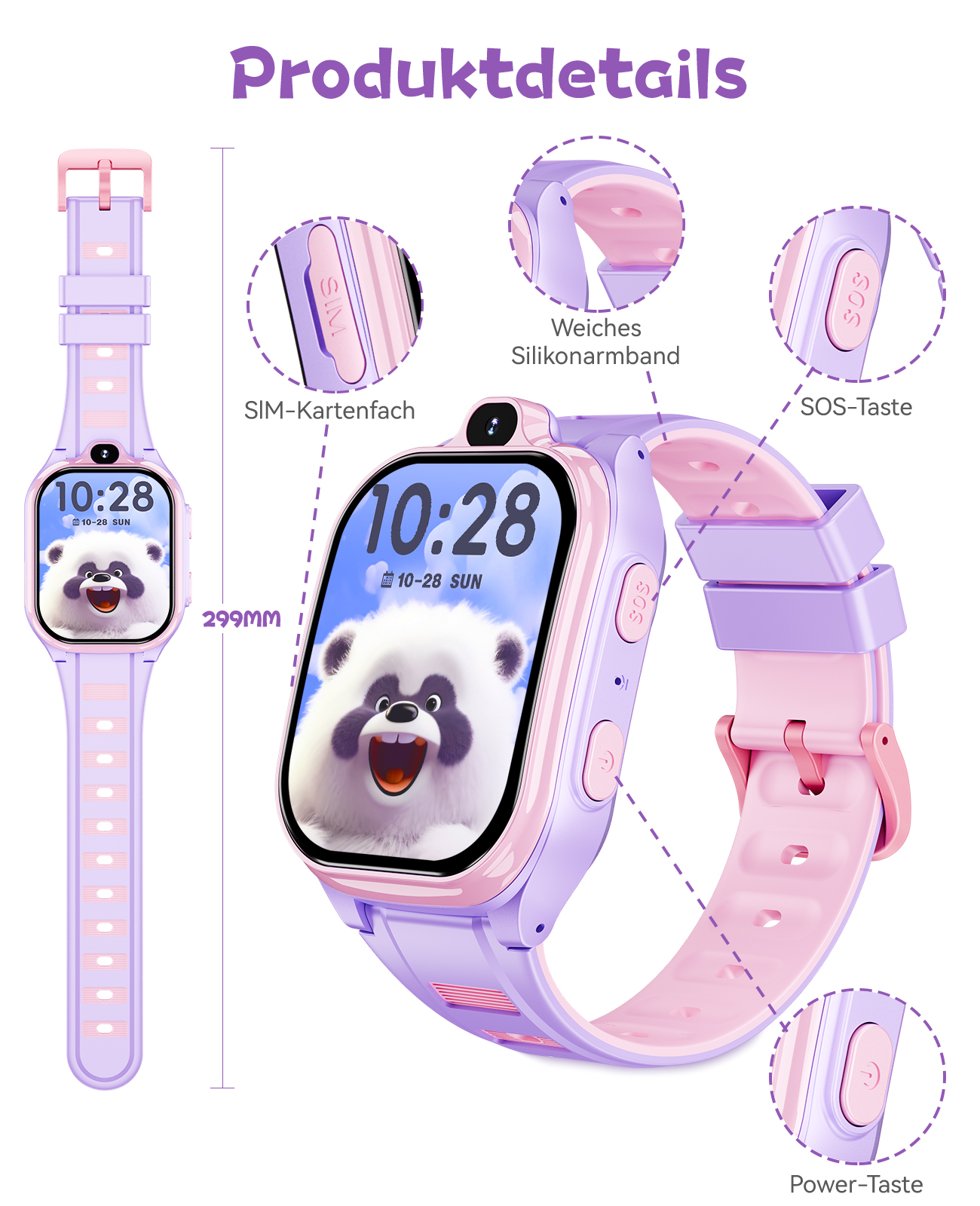 Eine lila-pinke Smartwatch mit Panda-Gesicht. Merkmale sind SIM-Slot, SOS-Taste, weiches Silikonband und Ein-/Aus-Taste.
