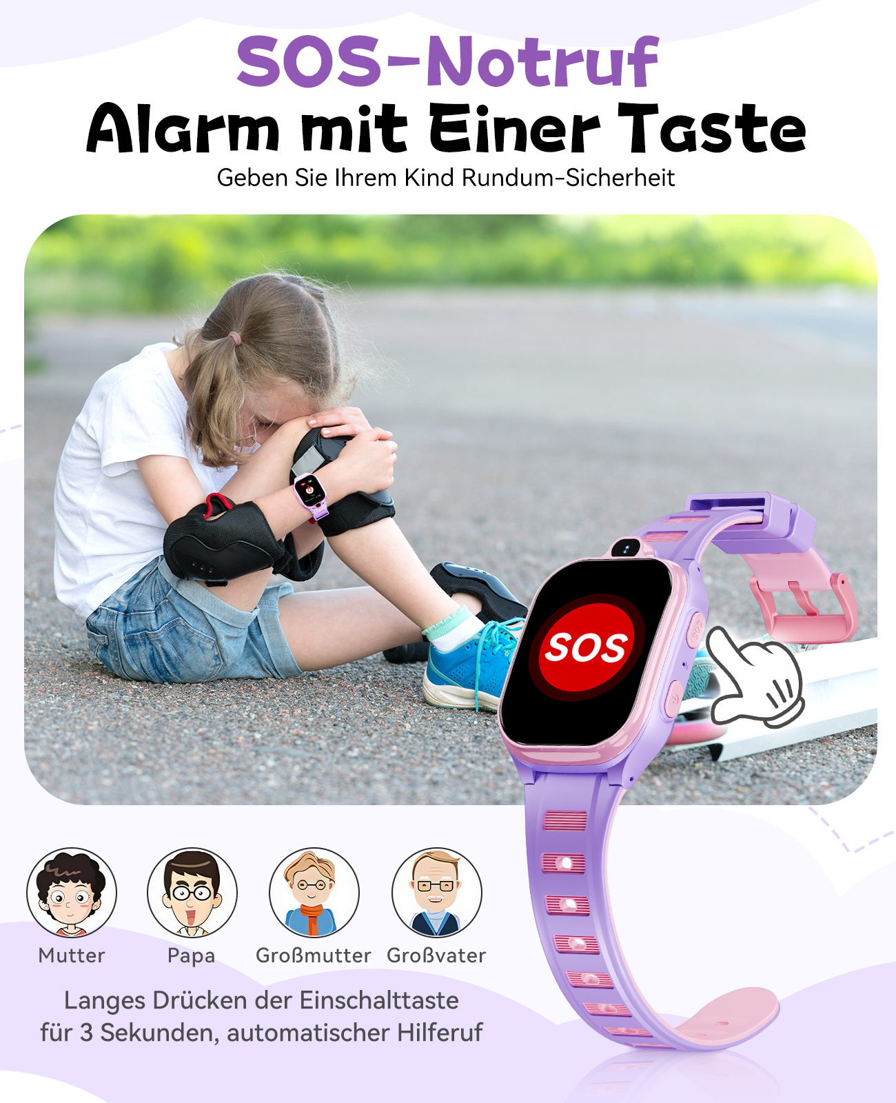 Ein verletztes Mädchen sitzt und trägt eine Uhr mit SOS-Taste. Das Bild wirbt für eine Kindersicherheitsuhr mit Familien-Symbolen.