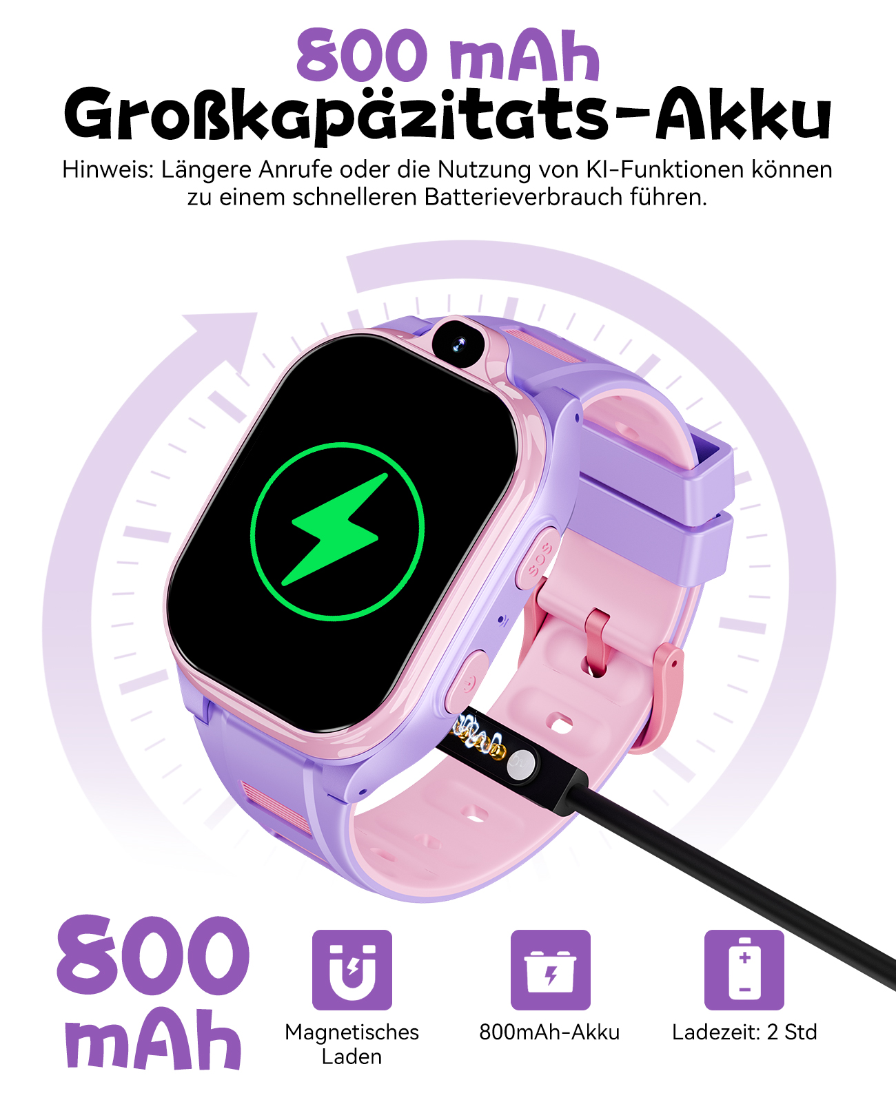 Eine lila und rosa Smartwatch mit Ladekabel. Der Bildschirm zeigt einen grünen Blitz. Text: 800 mAh und Grosskapazitats-Akku.