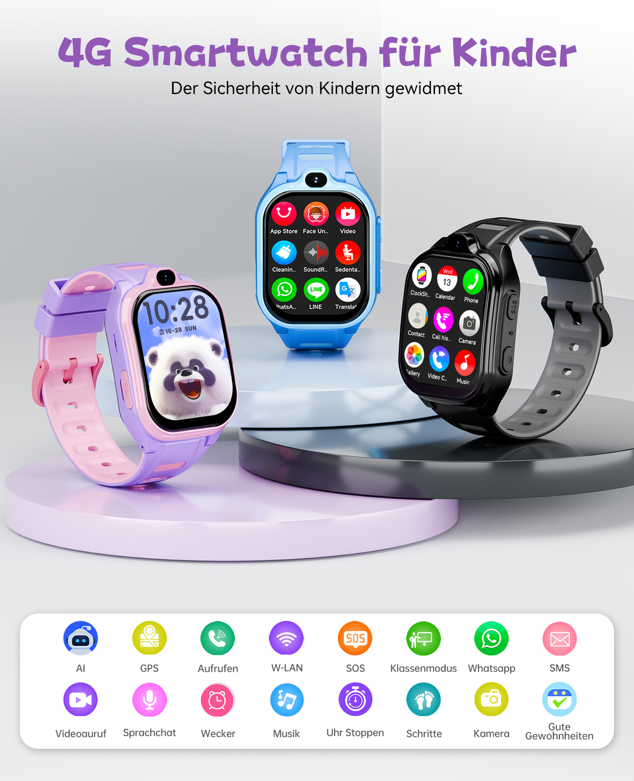 Das Bild zeigt drei Smartwatches für Kinder in Blau, Schwarz und Lila. Sie haben App-Symbole auf ihren Bildschirmen.