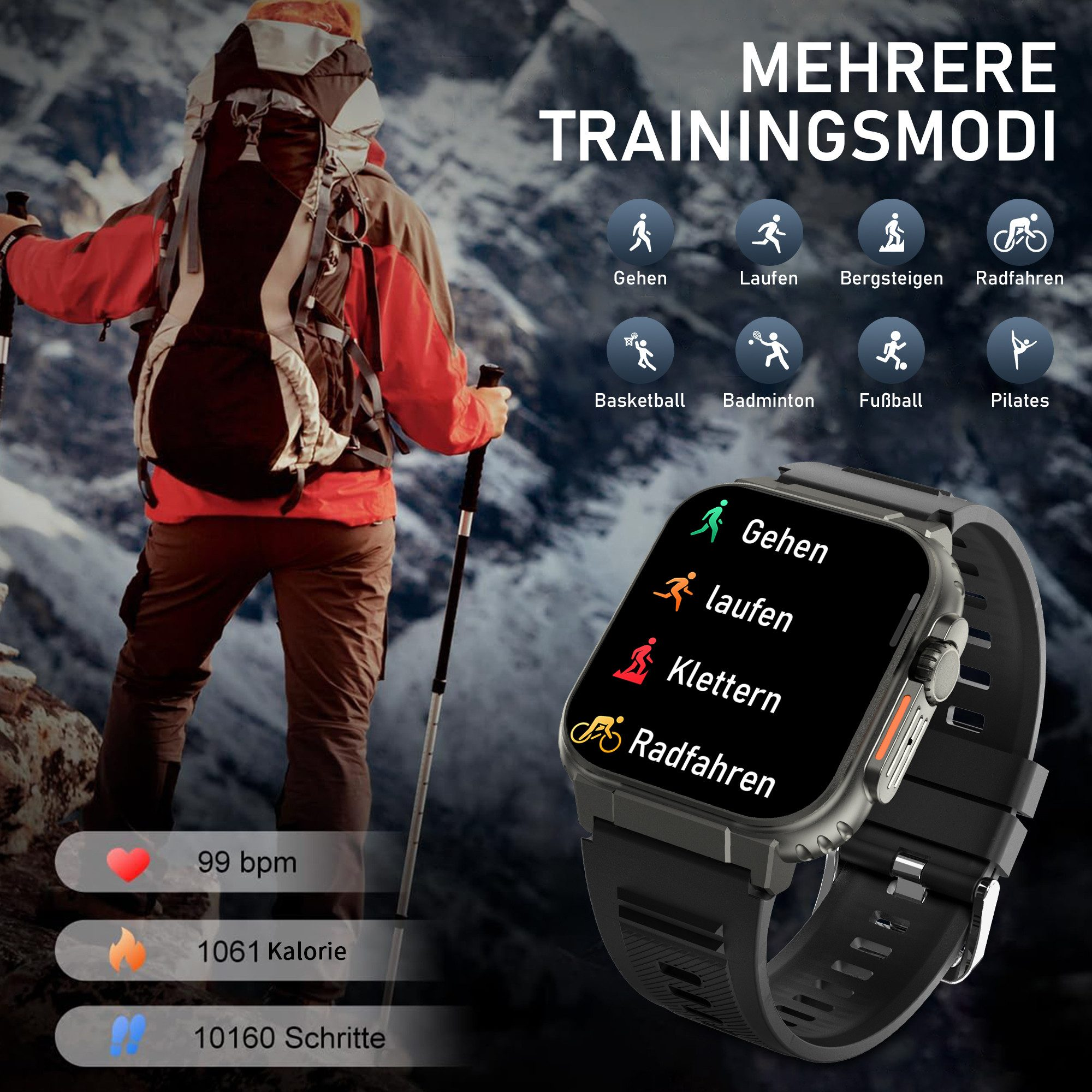 Osoba wędrująca z kijkami, smartwatch pokazujący tryby ćwiczeń. Wyświetla kroki, kalorie i dane tętna. Wiele ikon sportowych.