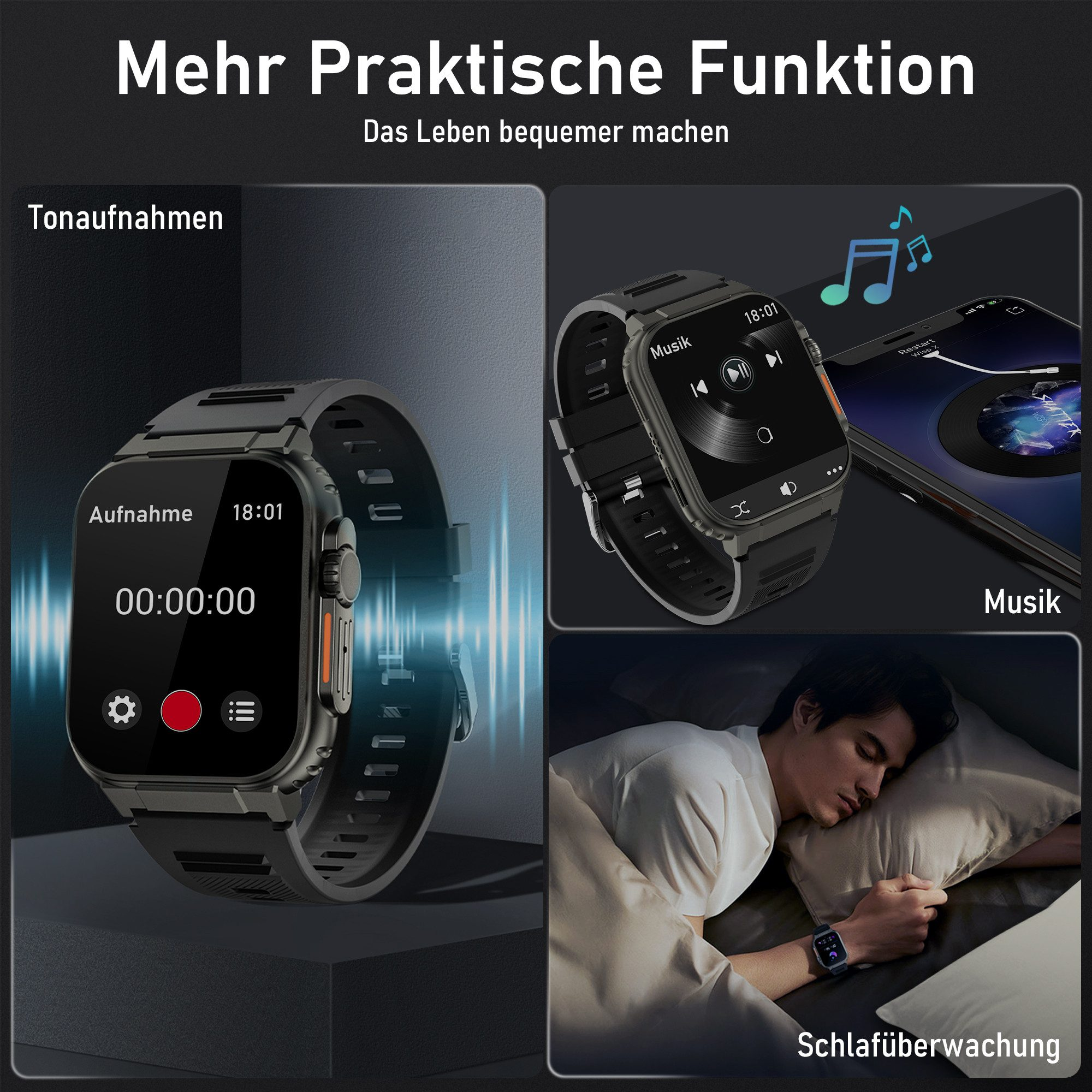 Smartwatch wyświetla funkcje nagrywania, muzyki i monitorowania snu. Osoba śpi z zegarkiem na nadgarstku.