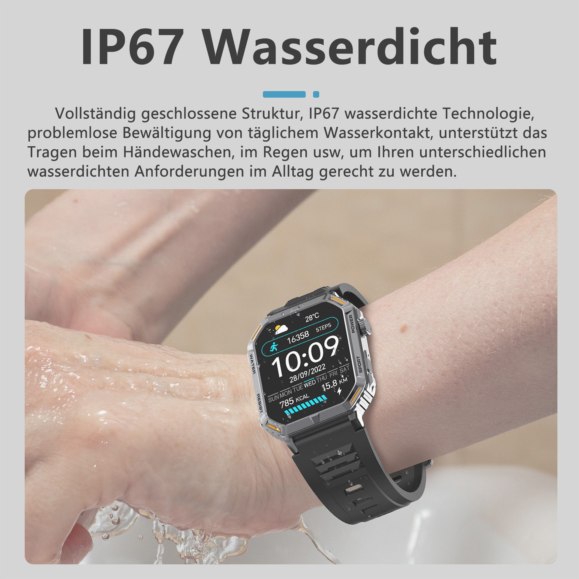 Nadgarstek z zegarkiem pokazującym czas i statystyki. Zegarek jest czarny i srebrny. Odcień skóry jest jasny i jest woda.