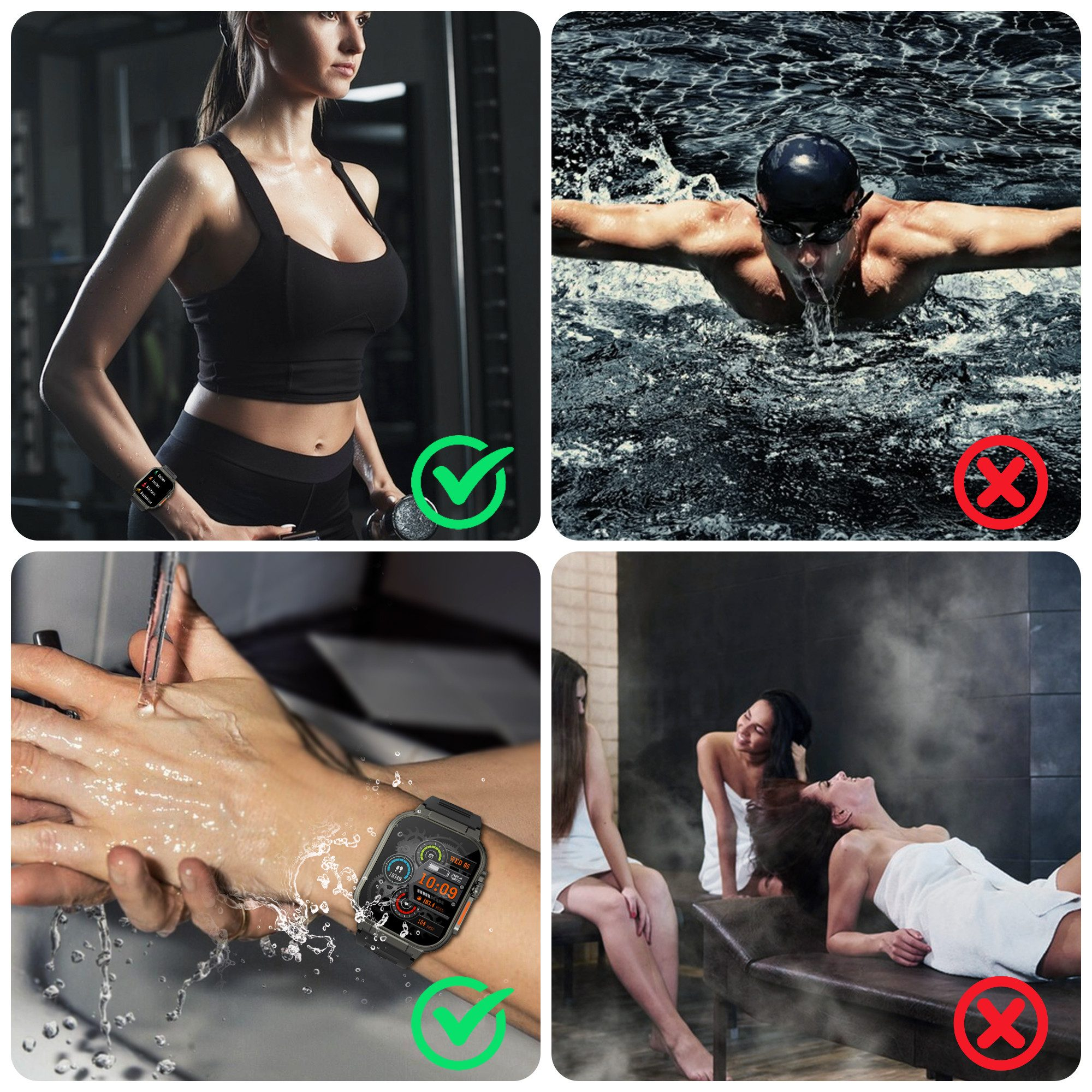 Kobieta na siłowni, smartwatch na nadgarstku. Pływak w wodzie. Dłonie ze smartwatchem pod wodą. Kobiety w saunie w ręcznikach.