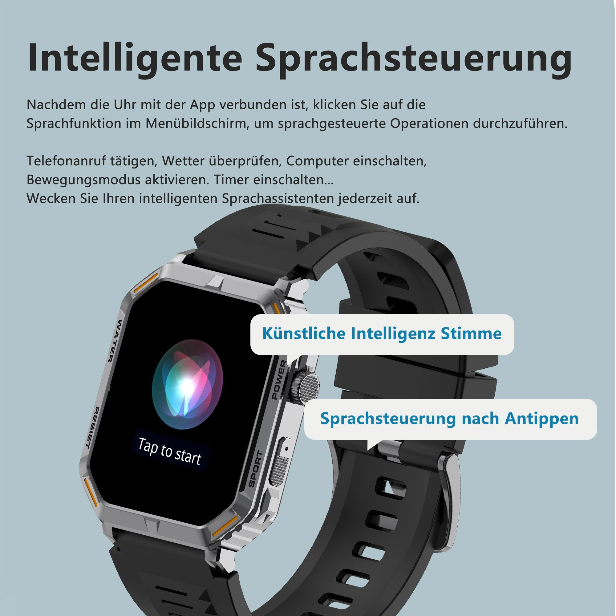 Smartwatch z napisem "Dotknij, aby rozpocząć" na ekranie. Tekst: Inteligentne sterowanie głosem. Sterowanie głosem i głos AI.