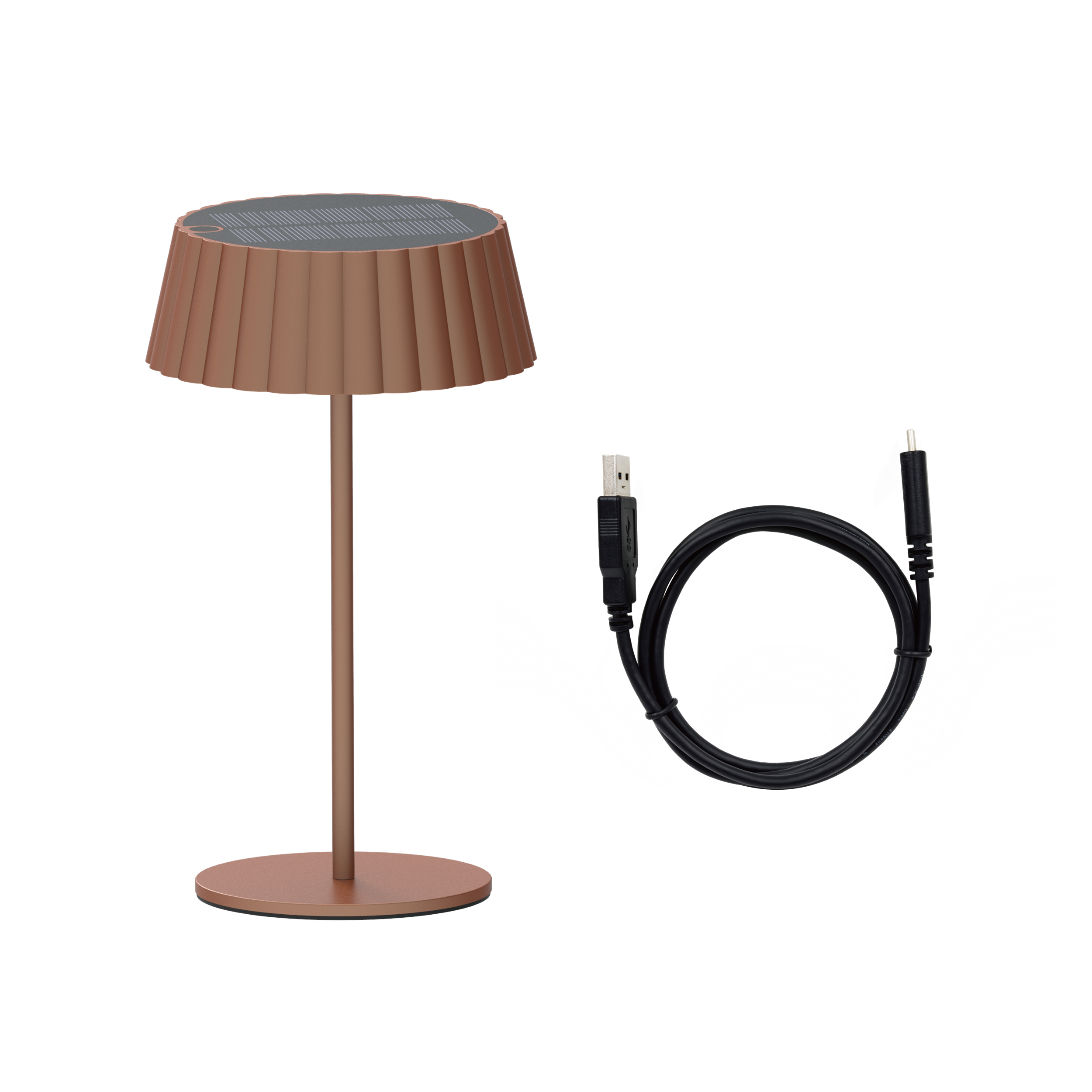 Eine braune Lampe mit Kabel daneben auf schwarzem Hintergrund.