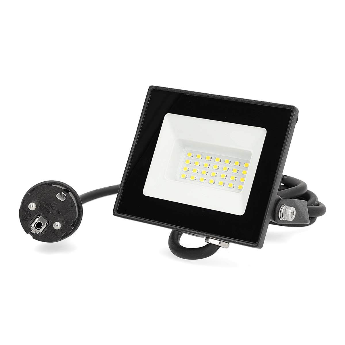 Zwarte vierkante LED-schijnwerper met wit binnenpaneel. Een zwarte kabel verbindt met een stekker links en een schroef rechts.