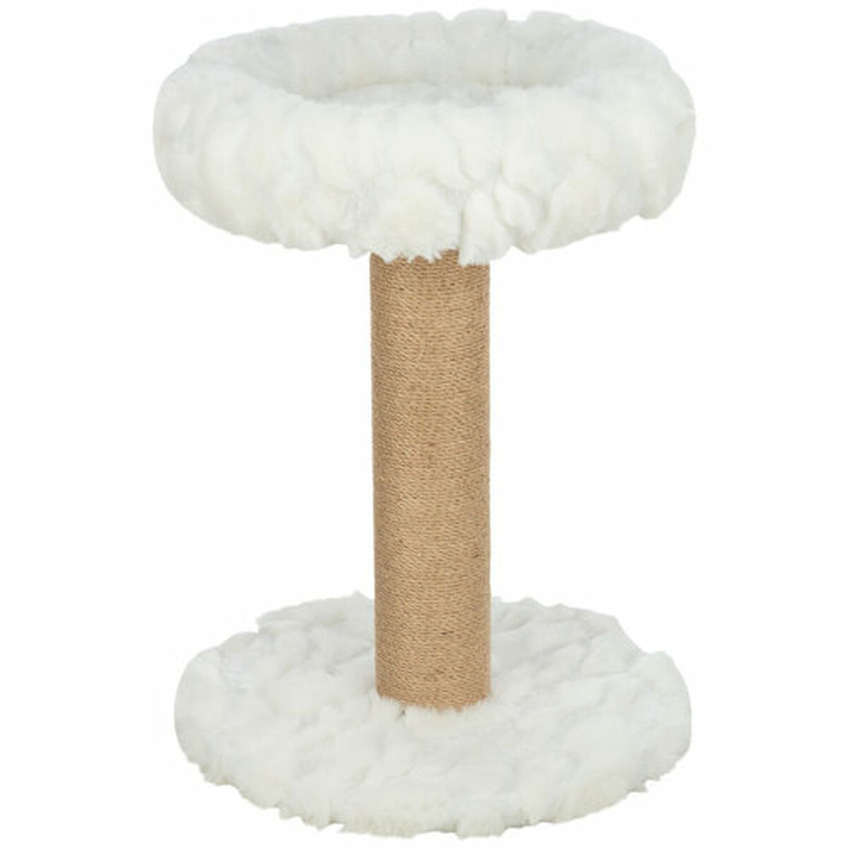 Un árbol para gatos con parte superior e inferior blanca y esponjosa. El centro es un poste rascador marrón.