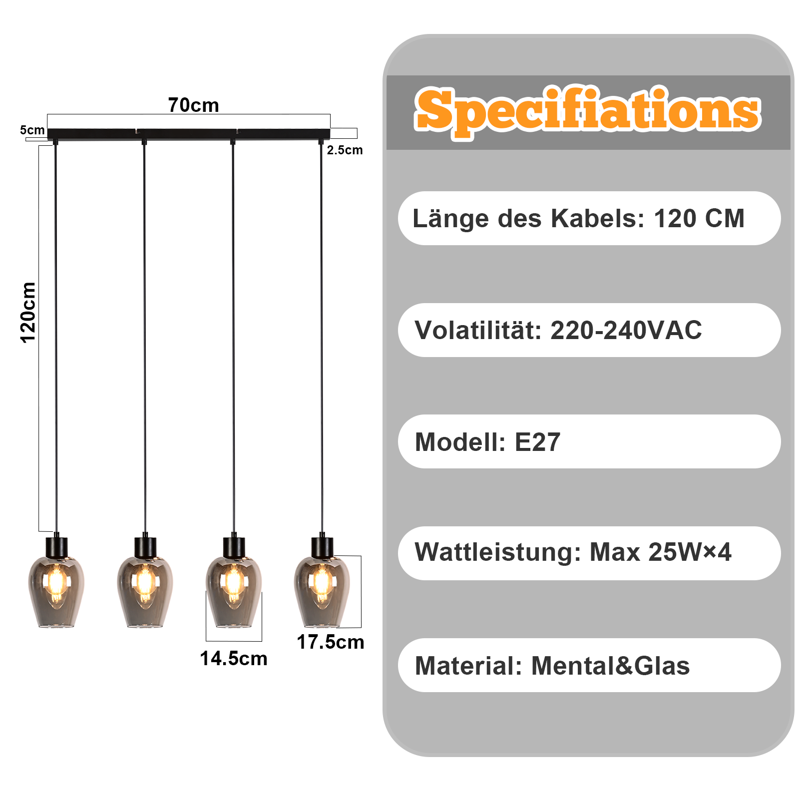 Vier Pendelleuchten mit rauchfarbenen Glasschirmen hängen an einer schwarzen Stange. Spezifikationen umfassen Spannung, Modell und Material.