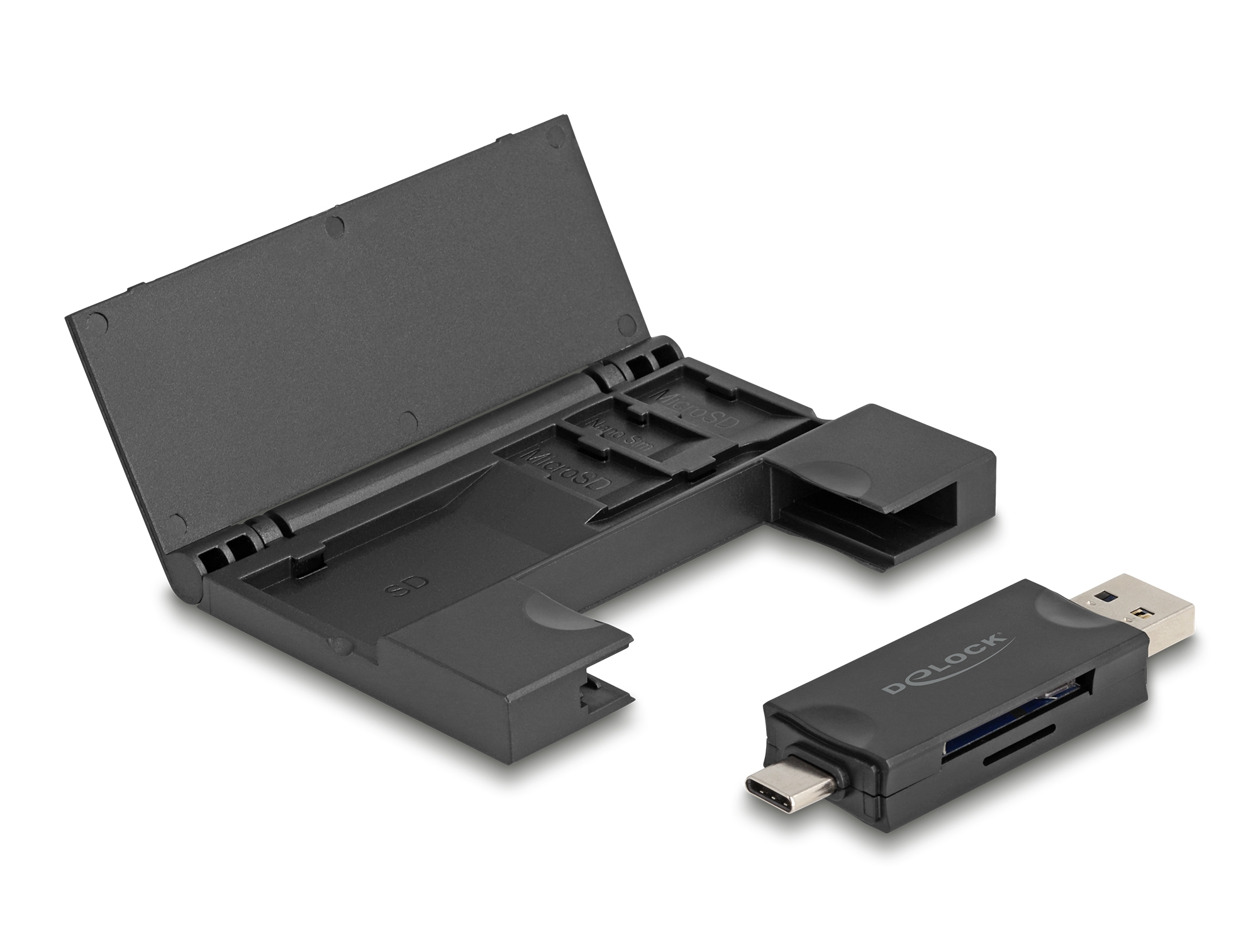 Un lettore di schede nero e un portaschede SD nero aperto sono su una superficie bianca. Il lettore ha USB e USB-C.