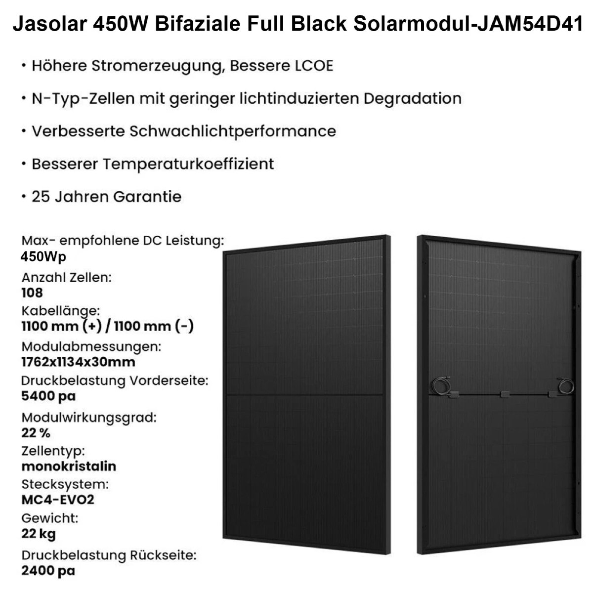 Zwei schwarze Solarmodule mit detaillierten Spezifikationen und Textbeschreibungen. Die Module sind bifazial und ganz schwarz.