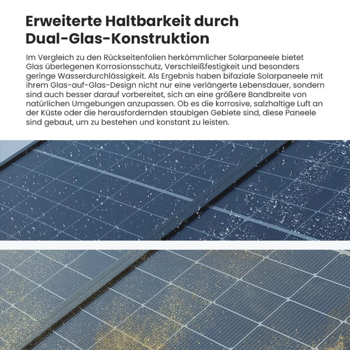 Nahaufnahme von Solarmodulen mit Wassertropfen. Die Paneele sind dunkelblau mit Gitterlinien. Oben steht Text zur Haltbarkeit.