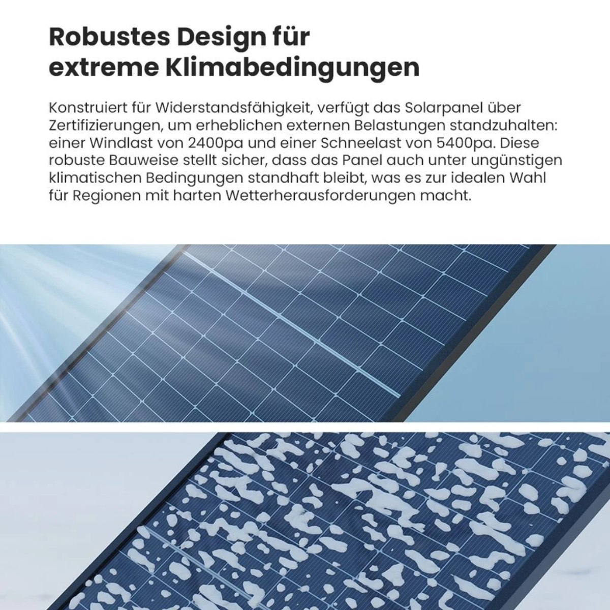 Detail des Solarpanels mit Text über extreme Klimabedingungen. Das Panel ist dunkelblau mit Gittermuster, einige weiße Flecken.