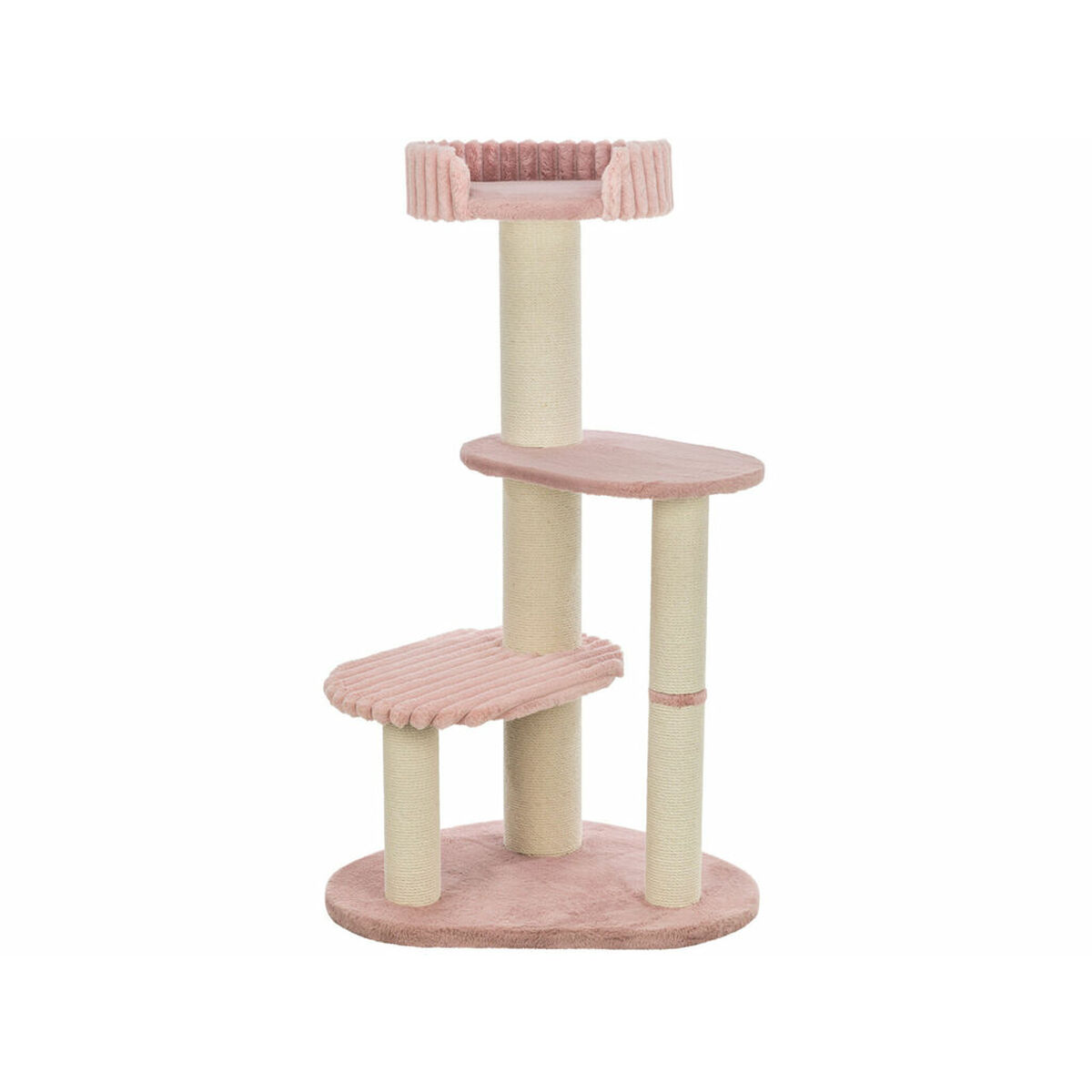 Ein rosa Katzenbaum mit drei Ebenen. Er hat ein oberes Bett, zwei Plattformen und beige Kratzbäume, alles auf einer rosa Basis.