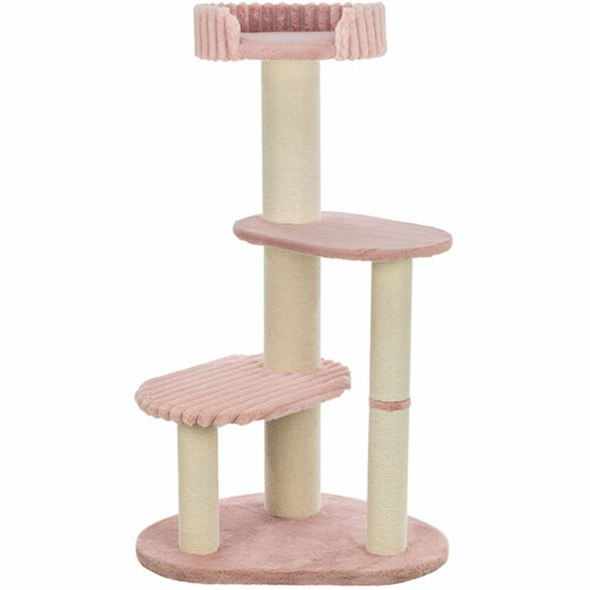 Ein Kratzbaum mit drei Ebenen und einem oberen Bett. Es hat rosa Plattformen und cremefarbene Pfosten. Die Basis und Plattformen sind oval.