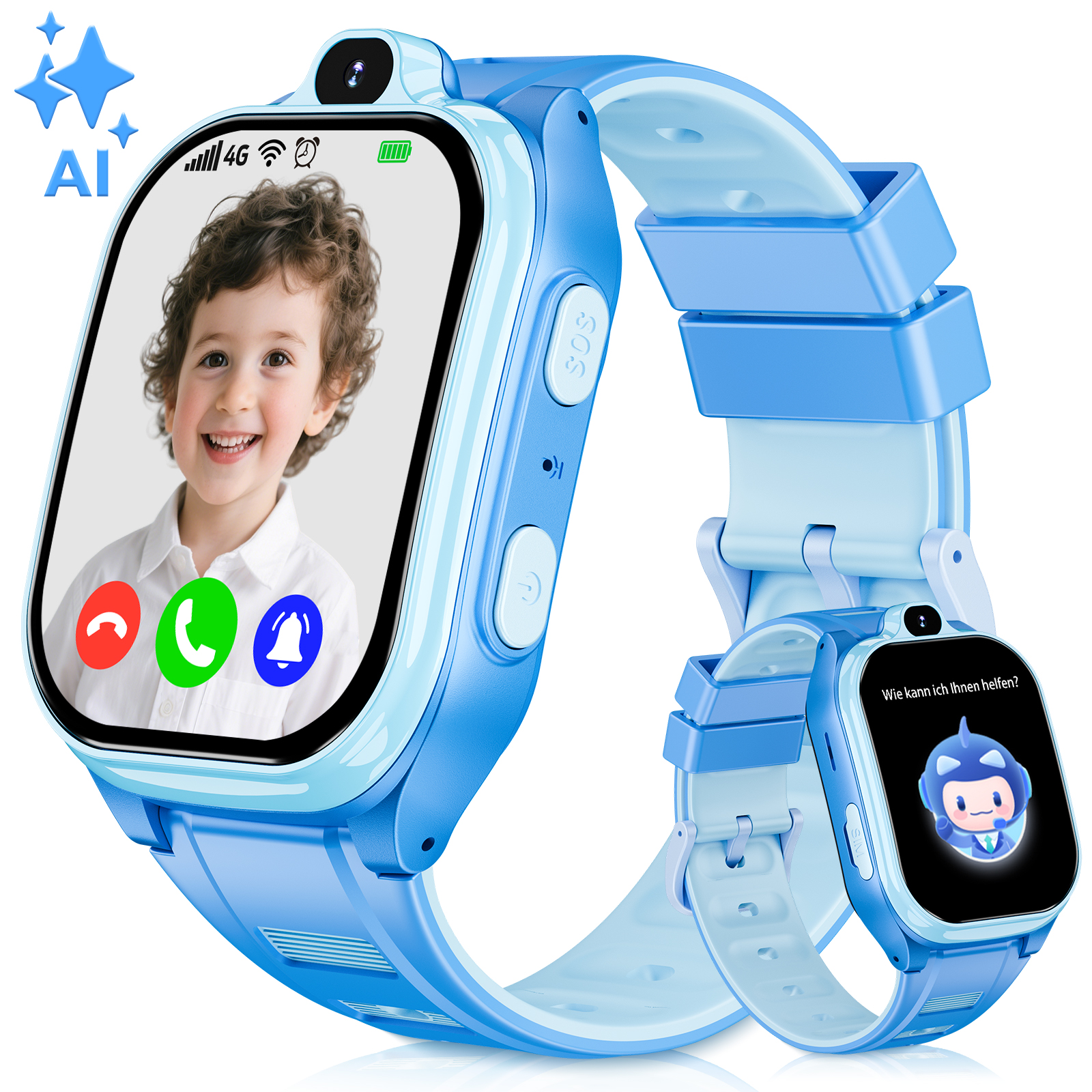 Blaue Smartwatch zeigt Kindergesicht. Kamera und Oberfläche mit Anrufoptionen.