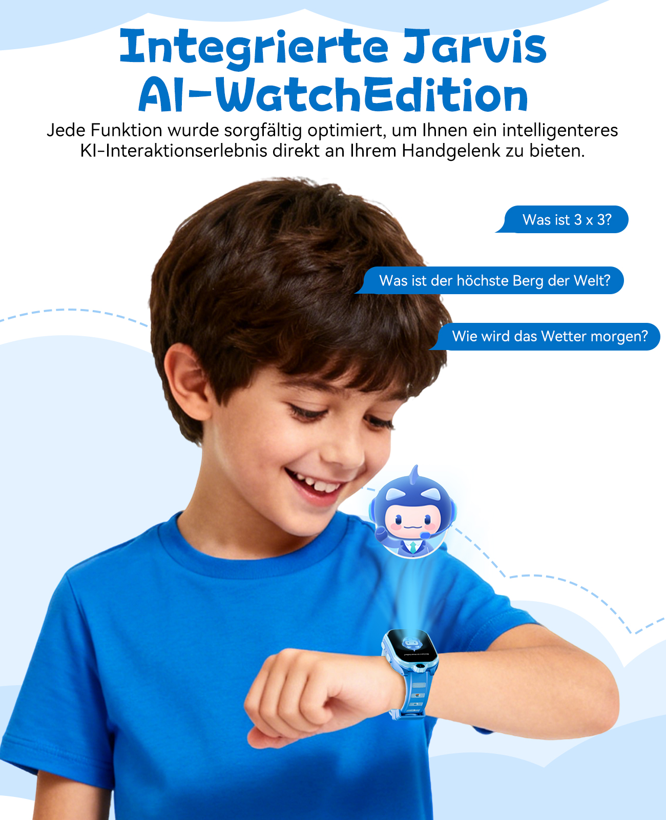 Ein Junge mit einer blauen Uhr lächelt. Über der Uhr erscheint eine Cartoonfigur. Auch Text auf Deutsch ist vorhanden.