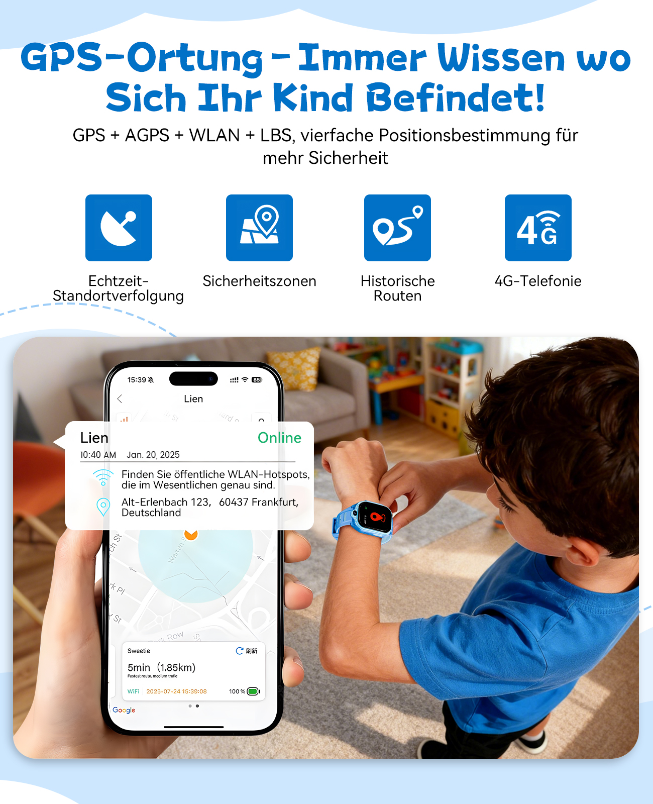 Ein Kind mit einer blauen Smartwatch betrachtet den Bildschirm. Ein Telefon zeigt eine Karte mit dem Standort des Kindes.