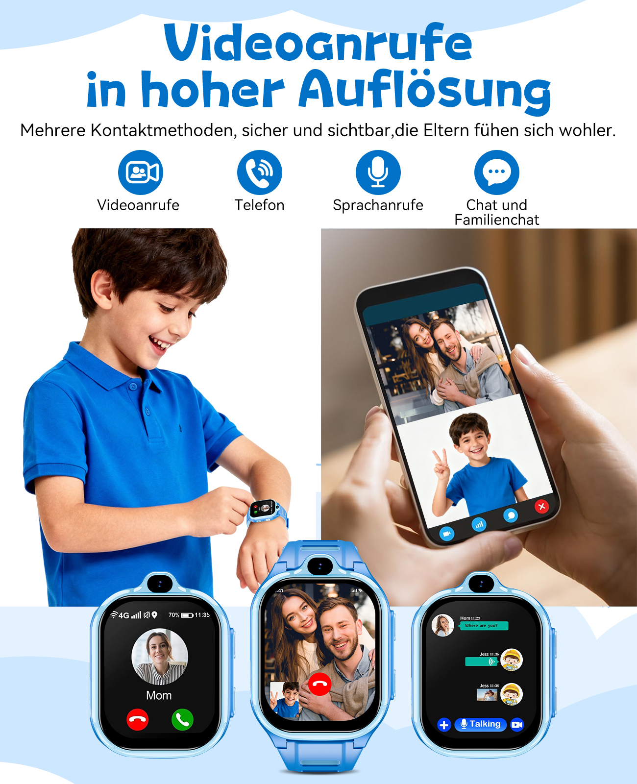Ein Junge benutzt eine Smartwatch für Videoanrufe, zeigt Familienmitglieder. Das Bild wirbt für Videoanruffunktionen.
