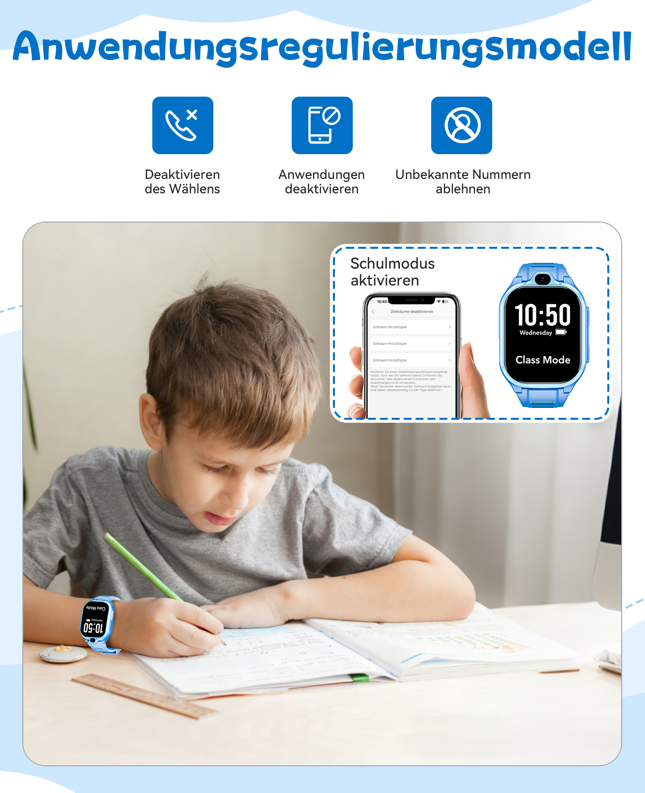 Ein Junge schreibt in ein Notizbuch mit einer Smartwatch. Das Bild zeigt die Watch-Oberfläche und andere App-Steuerungssymbole.
